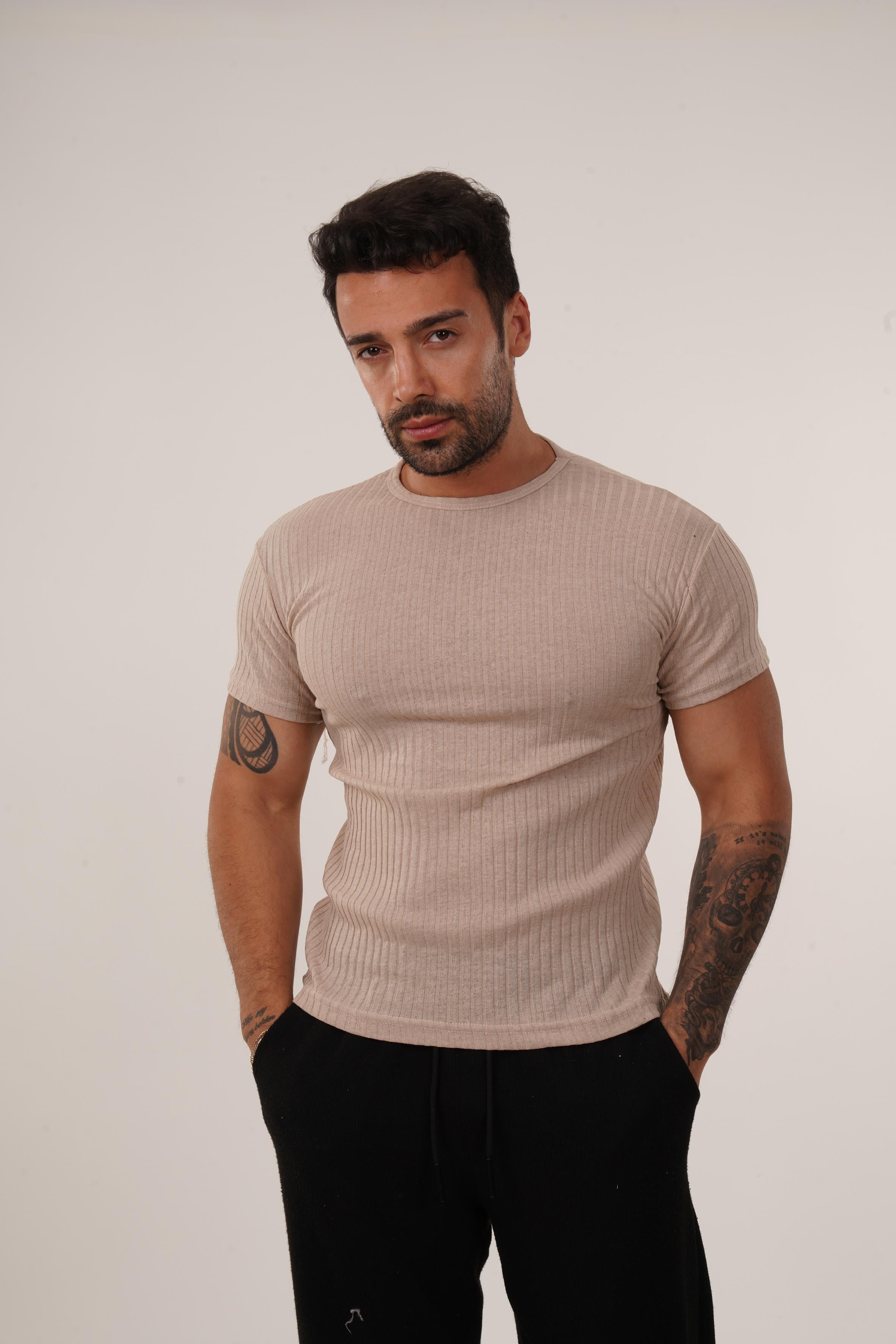 T-SHİRTBej Slim Fit Fitilli T-SHIRT SC