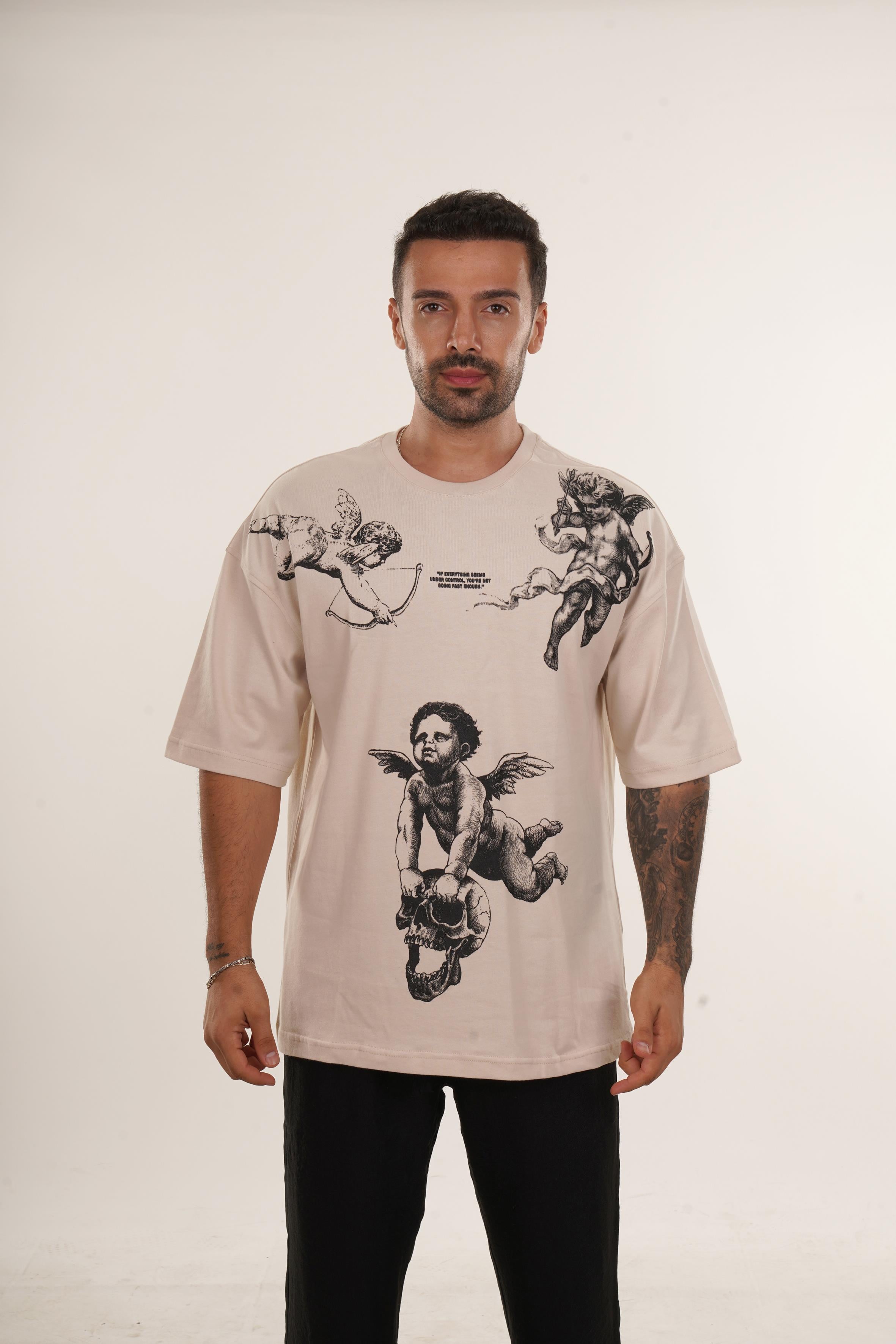 T-SHİRTBej Yüksek Kalite Eros Baskılı Oversize T-SHİRT VMS 40765