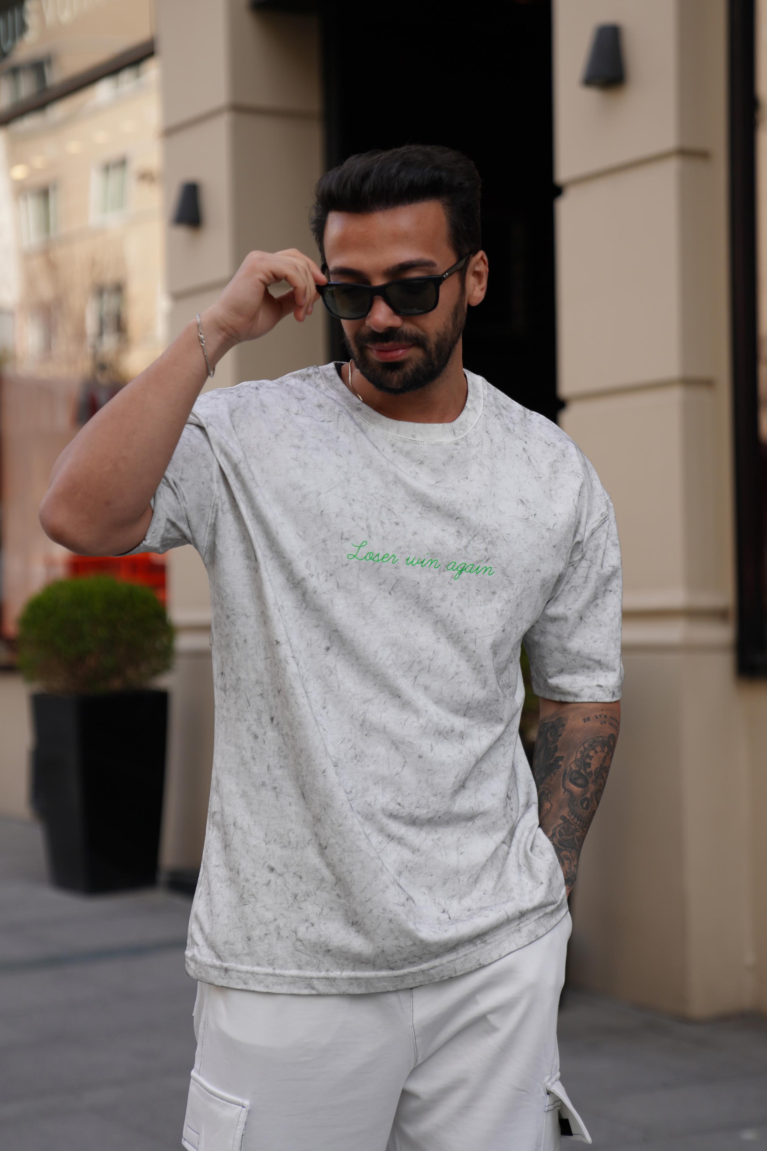 T-SHİRTBeyaz 2 İplik Yıkamalı Yeşil Again Baskılı Oversize T-Shirt MHL