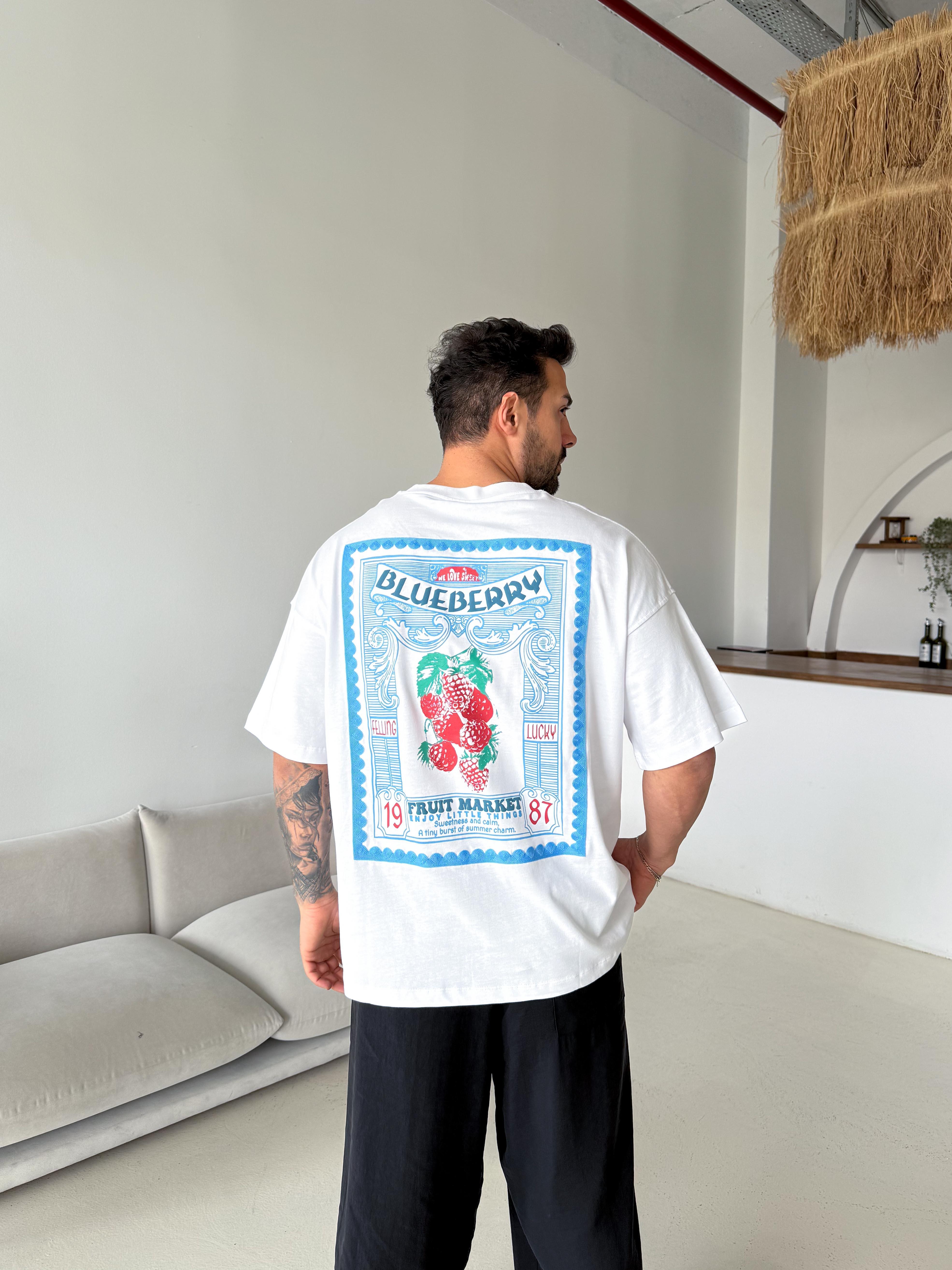 T-SHİRTBeyaz Blueberry Baskılı Pamuk Tişört JJ  Y126
