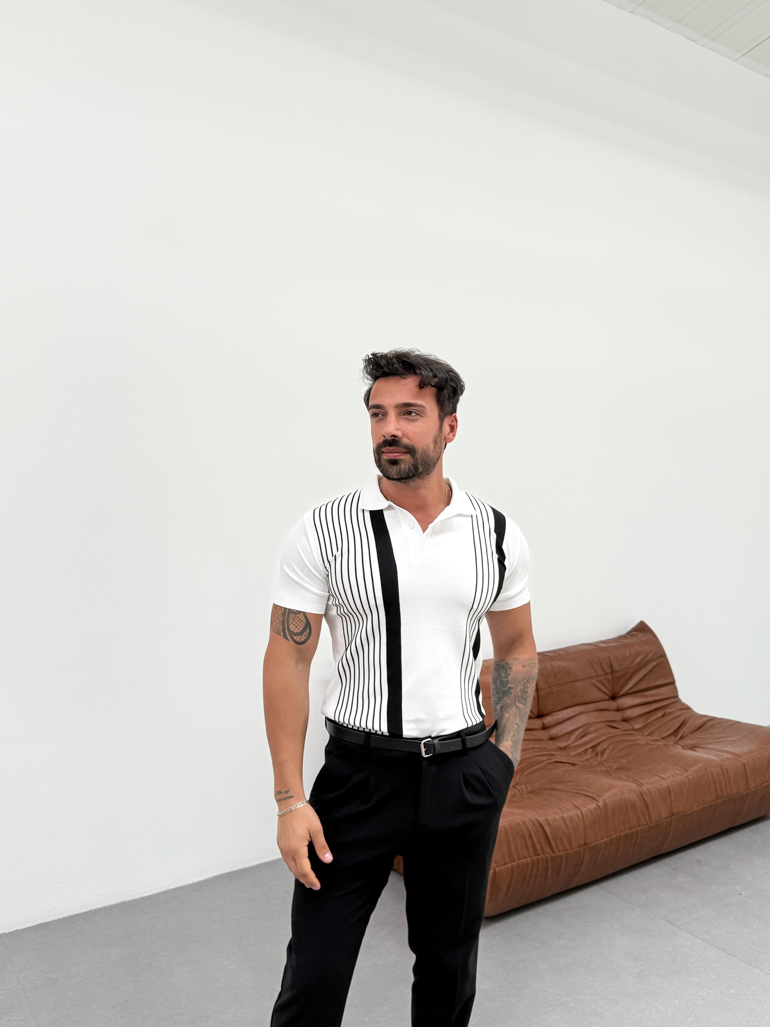 T-SHİRTBeyaz Şeritli Triko Polo Yaka Pamuk T-shirt TK