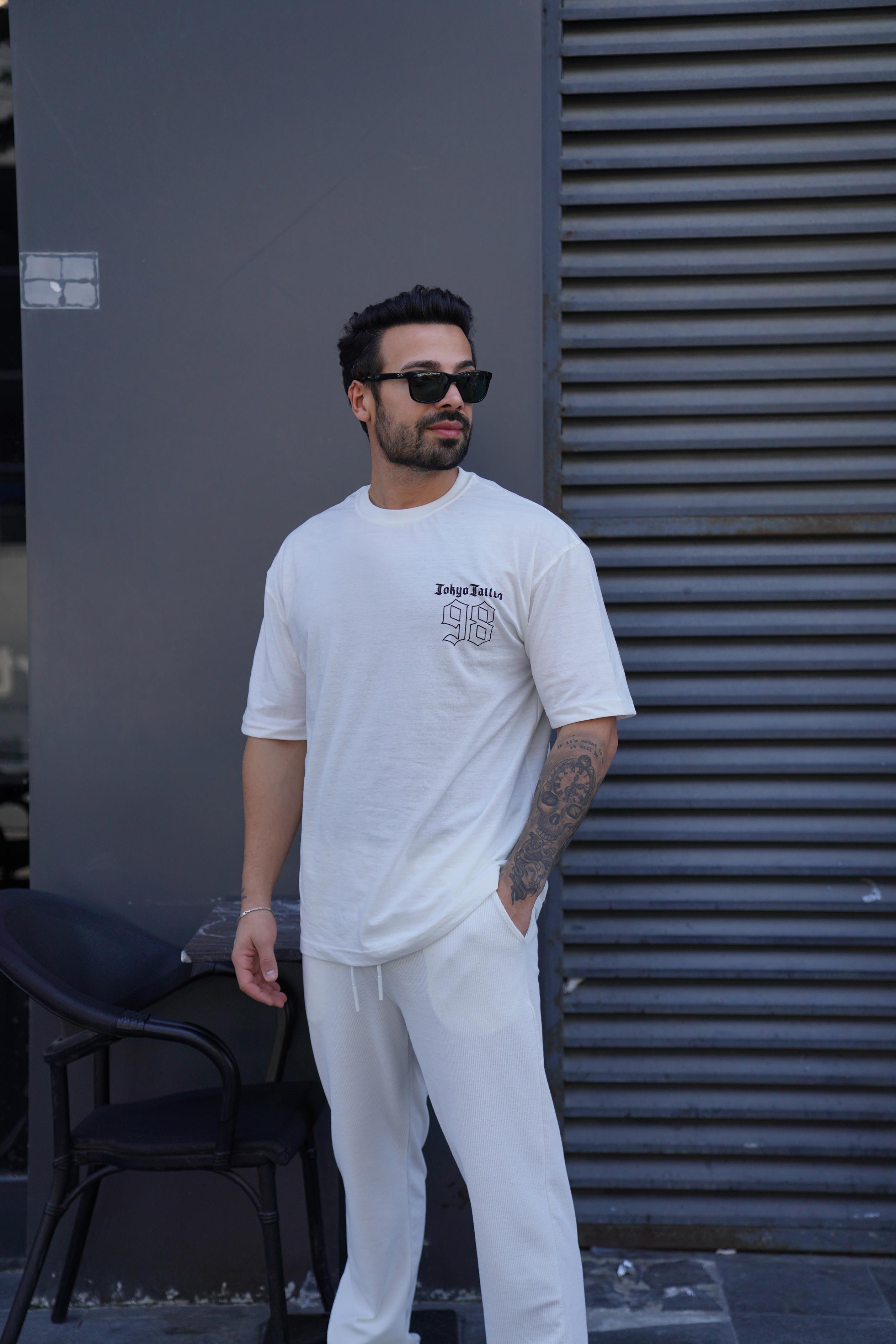 Beyaz TOKYO98 Baskılı Oversize T-Shirt VSK