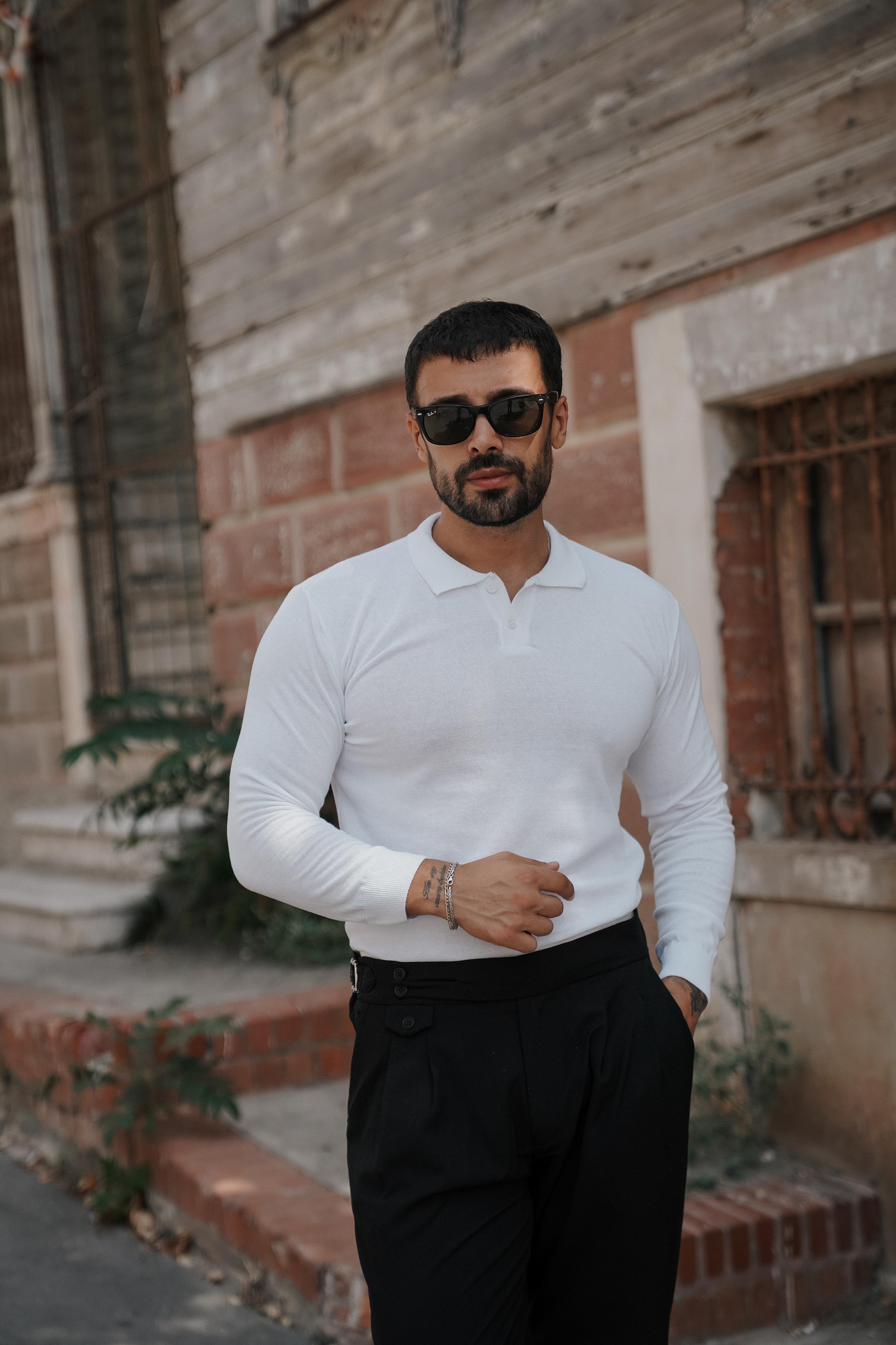T-SHİRTBEYAZ Triko uzun kol polo yaka SC