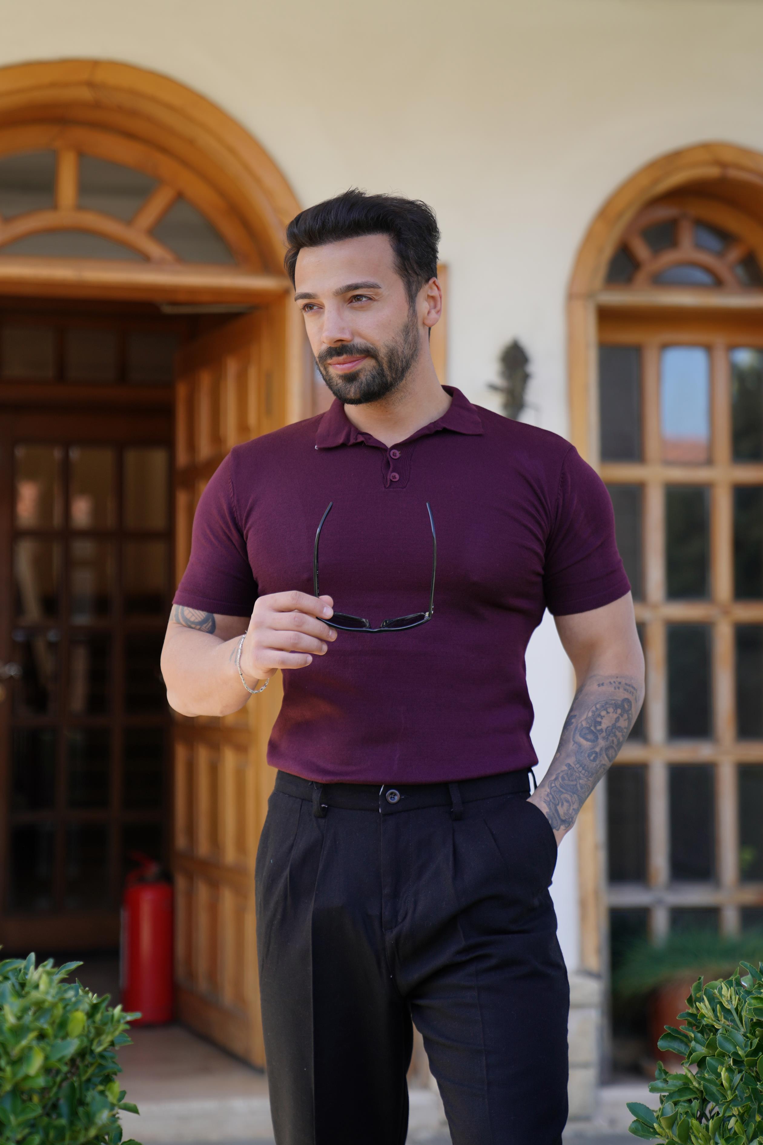 T-SHİRTBordo Klasik Triko Polo Yaka SNZ 7174