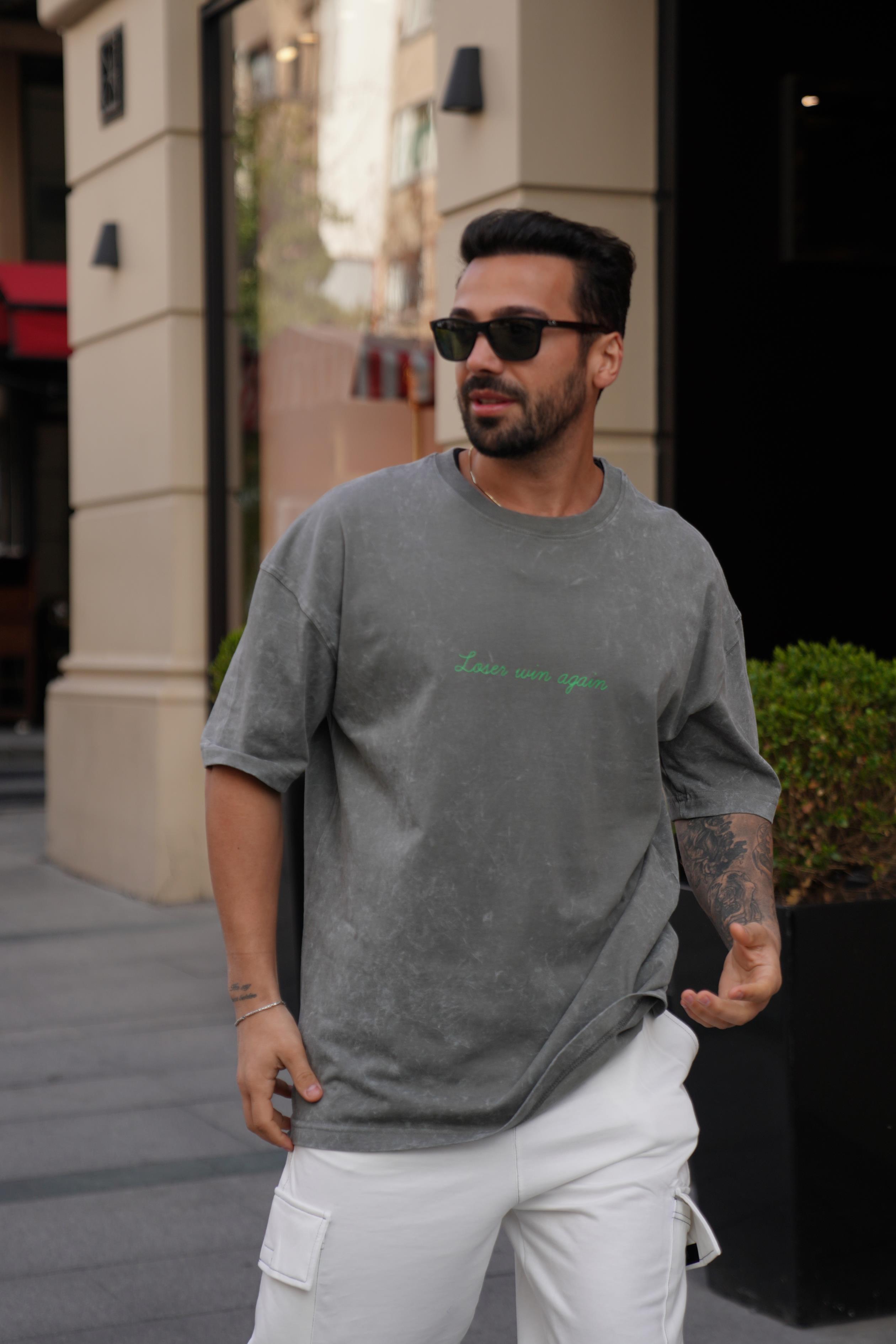 Füme 2 İplik Yıkamalı Yeşil Again Baskılı Oversize T-Shirt MHL