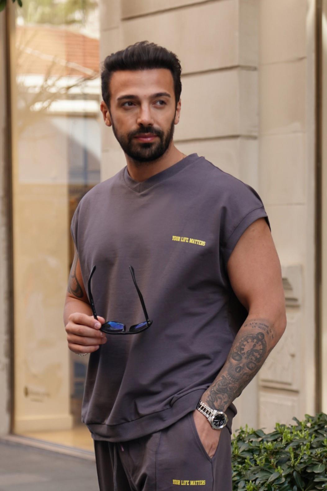 T-SHİRTFüme Your Life Matters 2 iplik Sıfır Kol Oversize VMS 30307