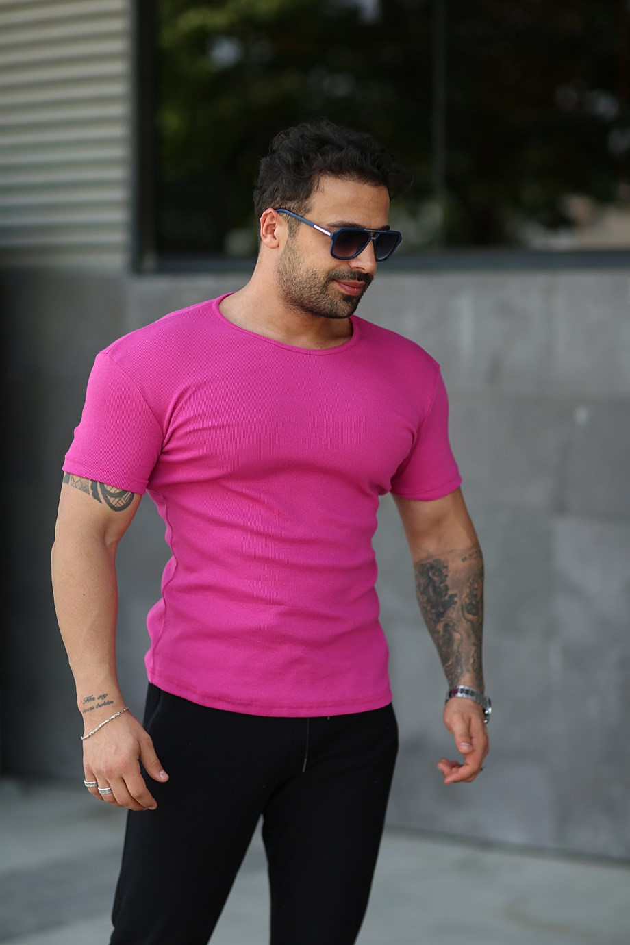 T-SHİRTFuşya Kumaş Basic T-SHİRT