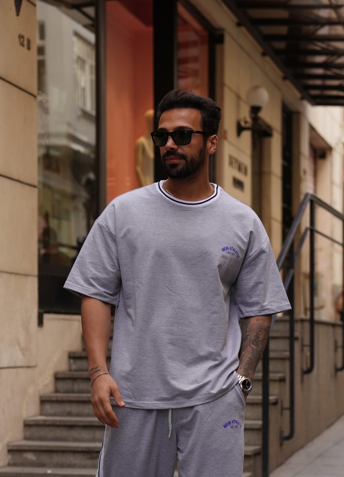 T-SHİRTGri New Atlantic Ribanalı 2 İplik T-Shirt VMS 30130