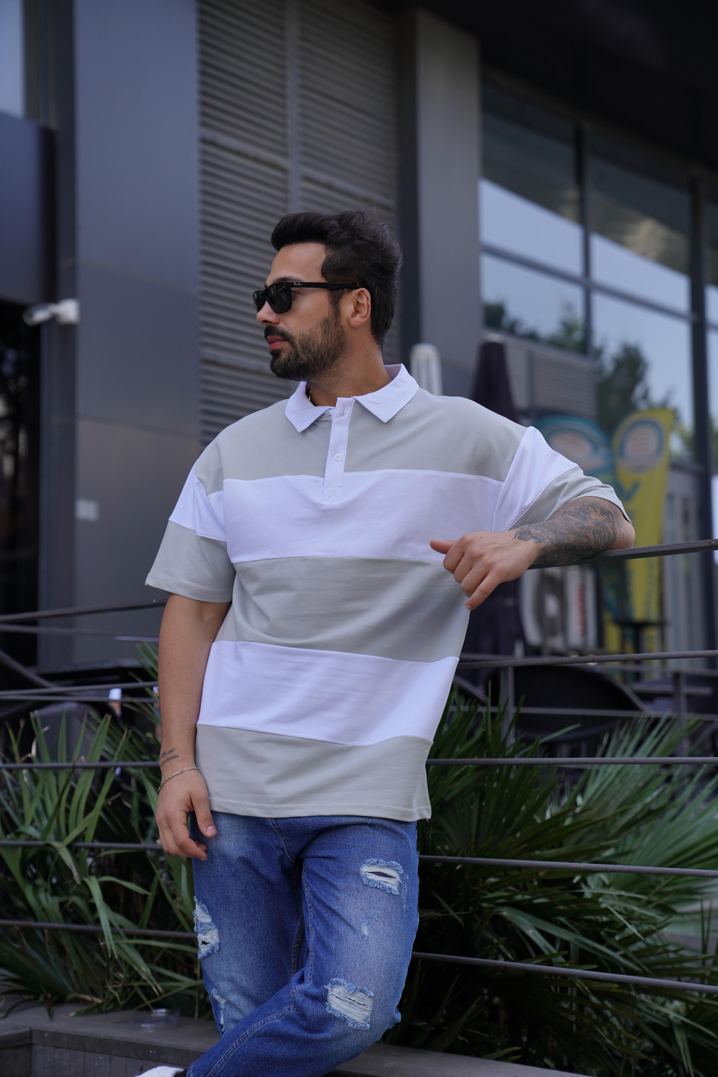 T-SHİRTGri Parçalı Oversize Polo Yaka TK 1003