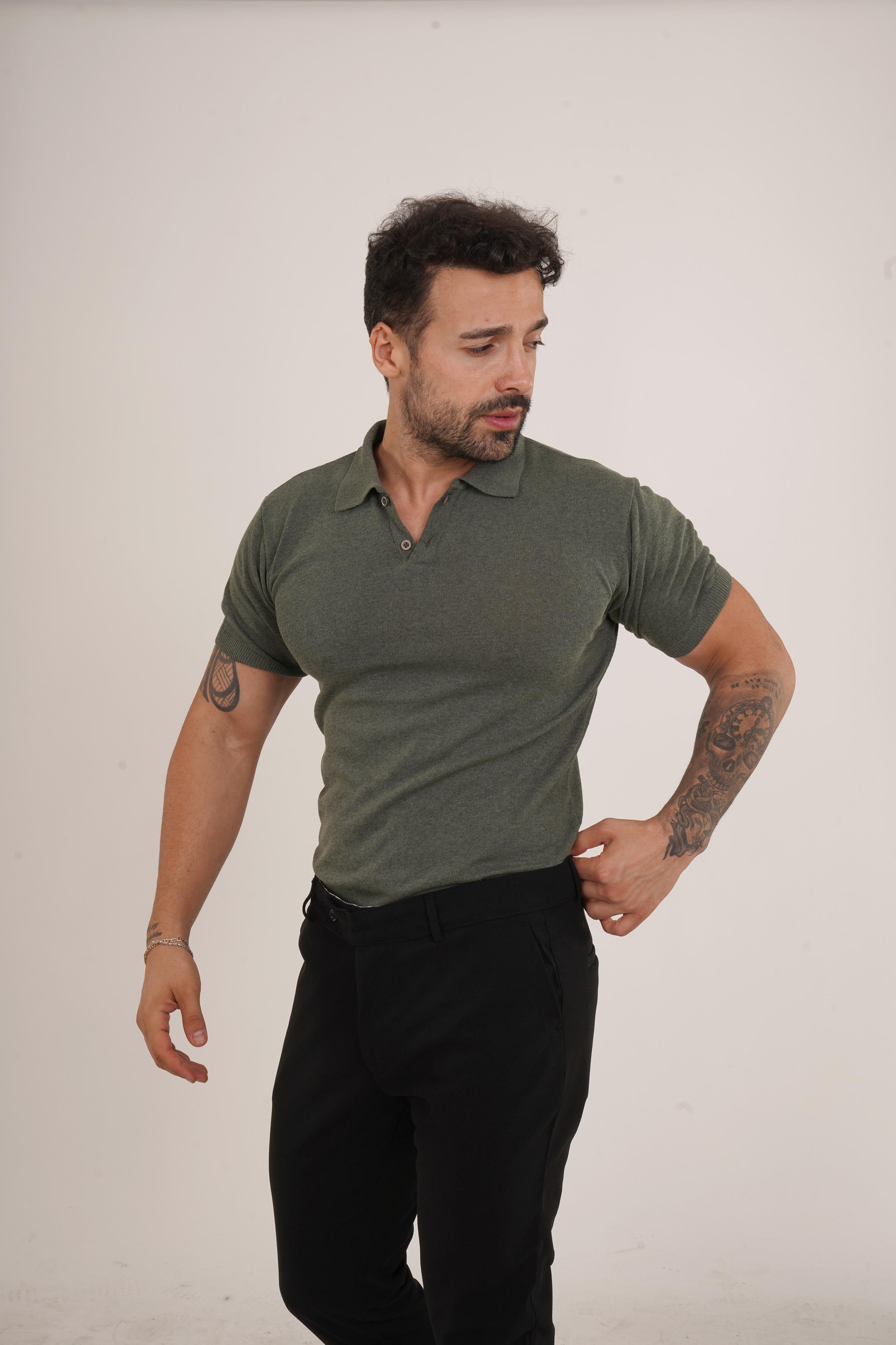 T-SHİRTHaki Düz Polo Yaka Triko SC
