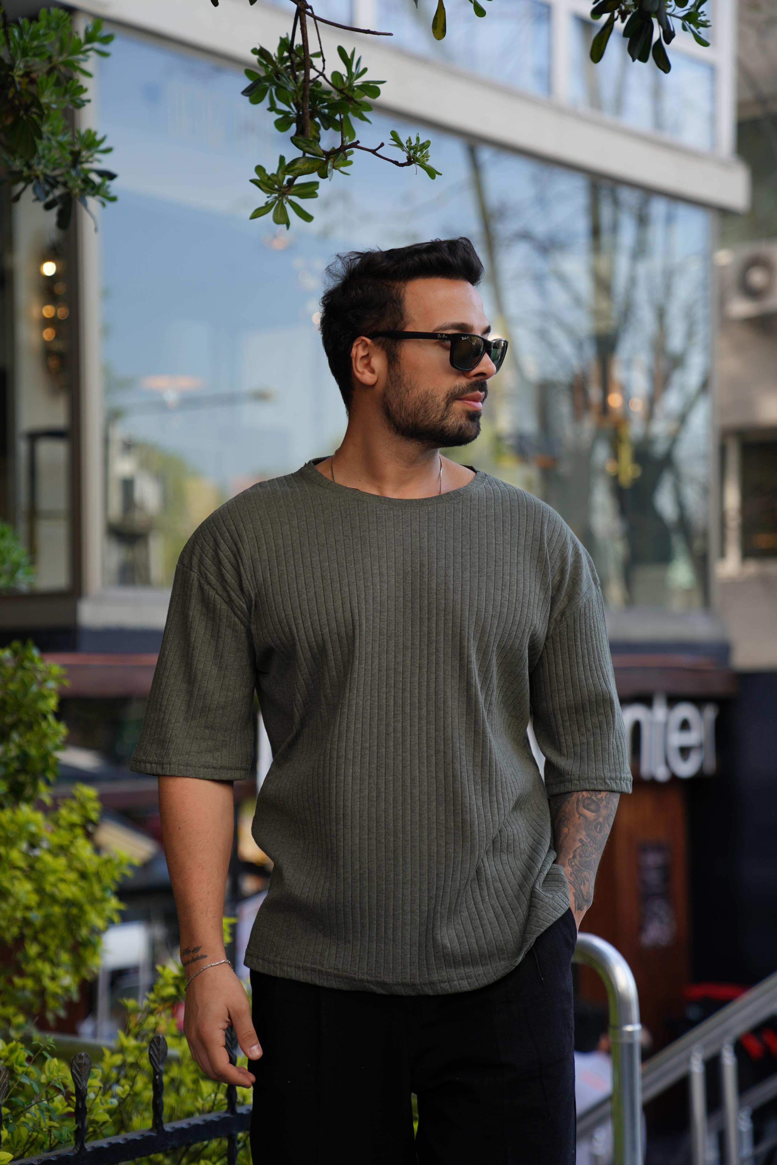 T-SHİRTHaki Fitilli Oversize T-Shirt SC