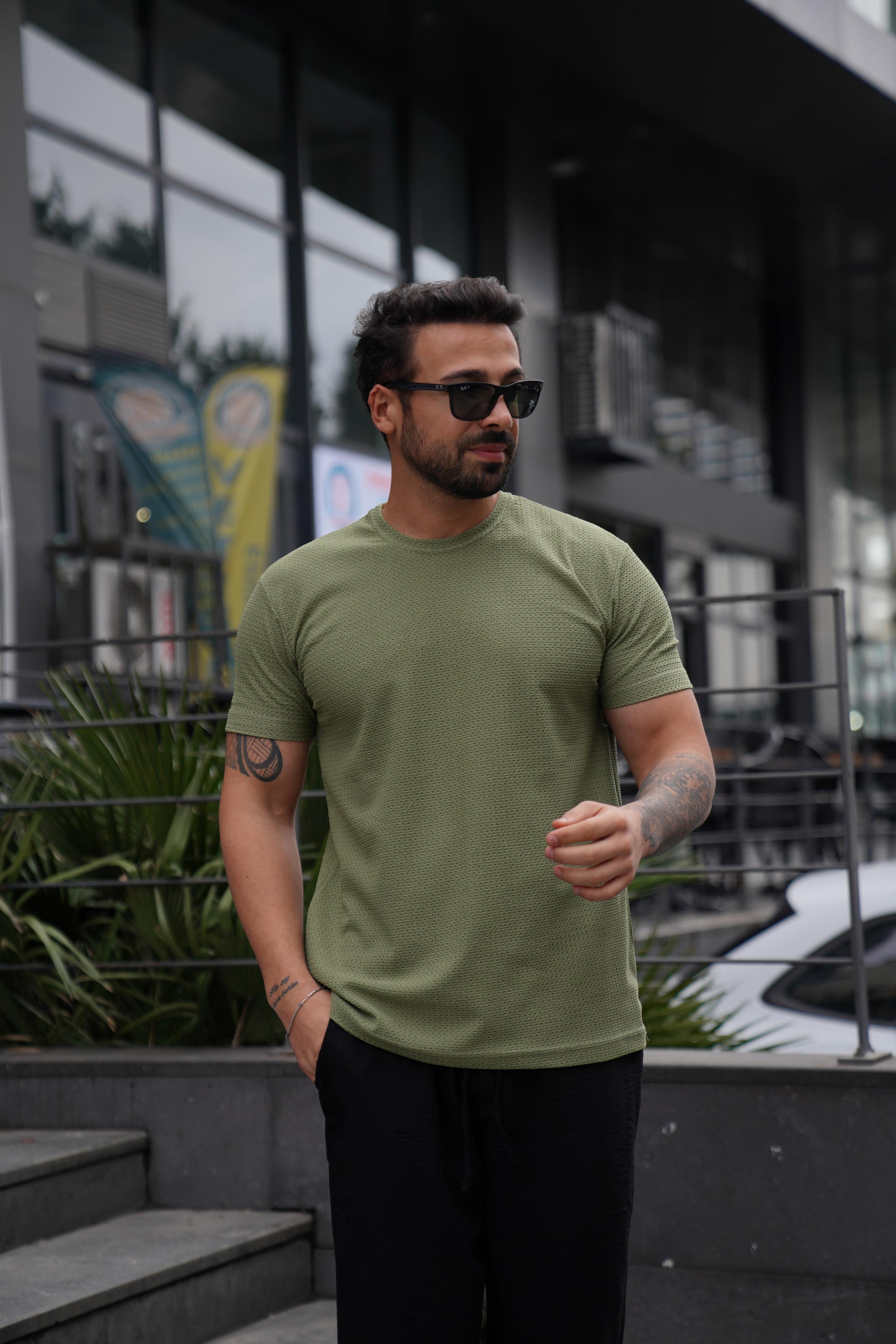 T-SHİRTHaki Rapido Delikli Bisiklet Yaka T-Shirt TK 1005