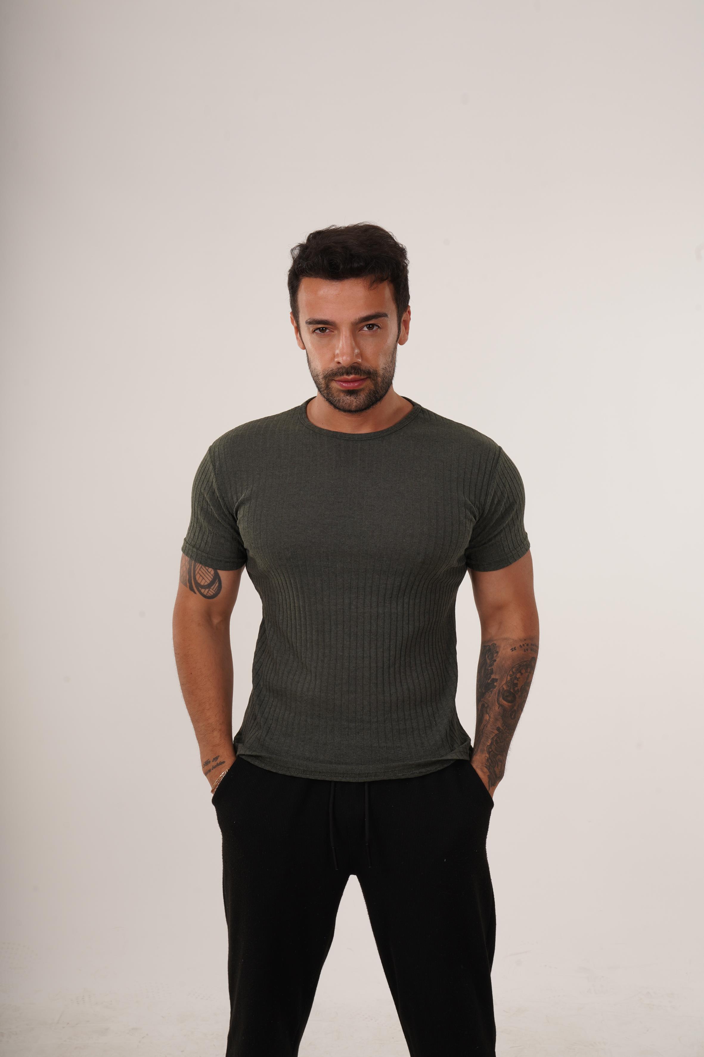 T-SHİRTHaki Slim Fit Fitilli T-SHIRT SC