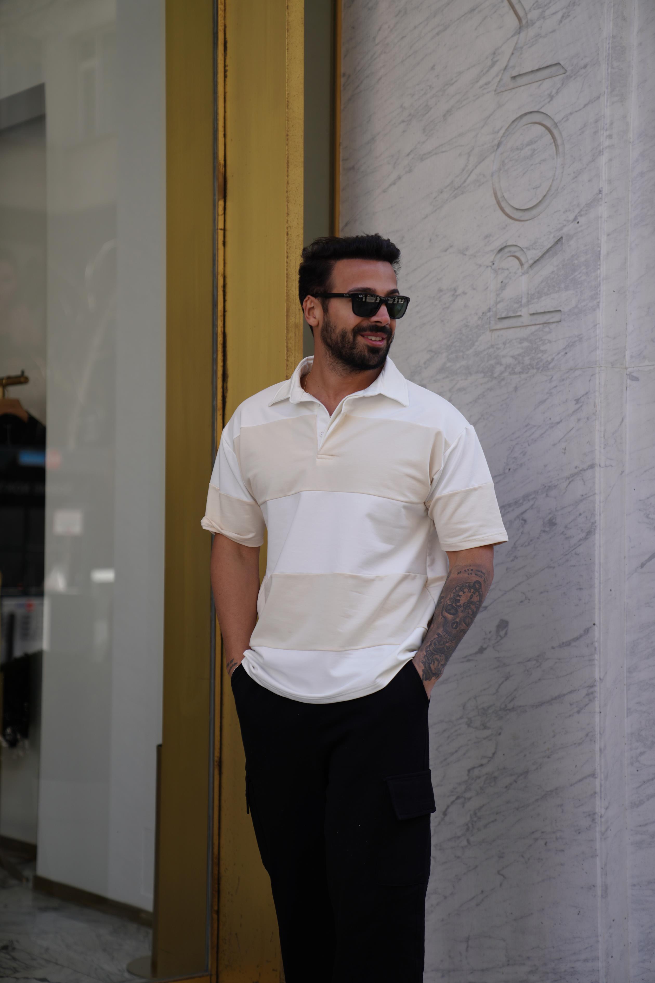 Krem Beyaz Parçalı Gizli Patlı Polo Yaka T-Shirt SNZ 3897-1 · 2