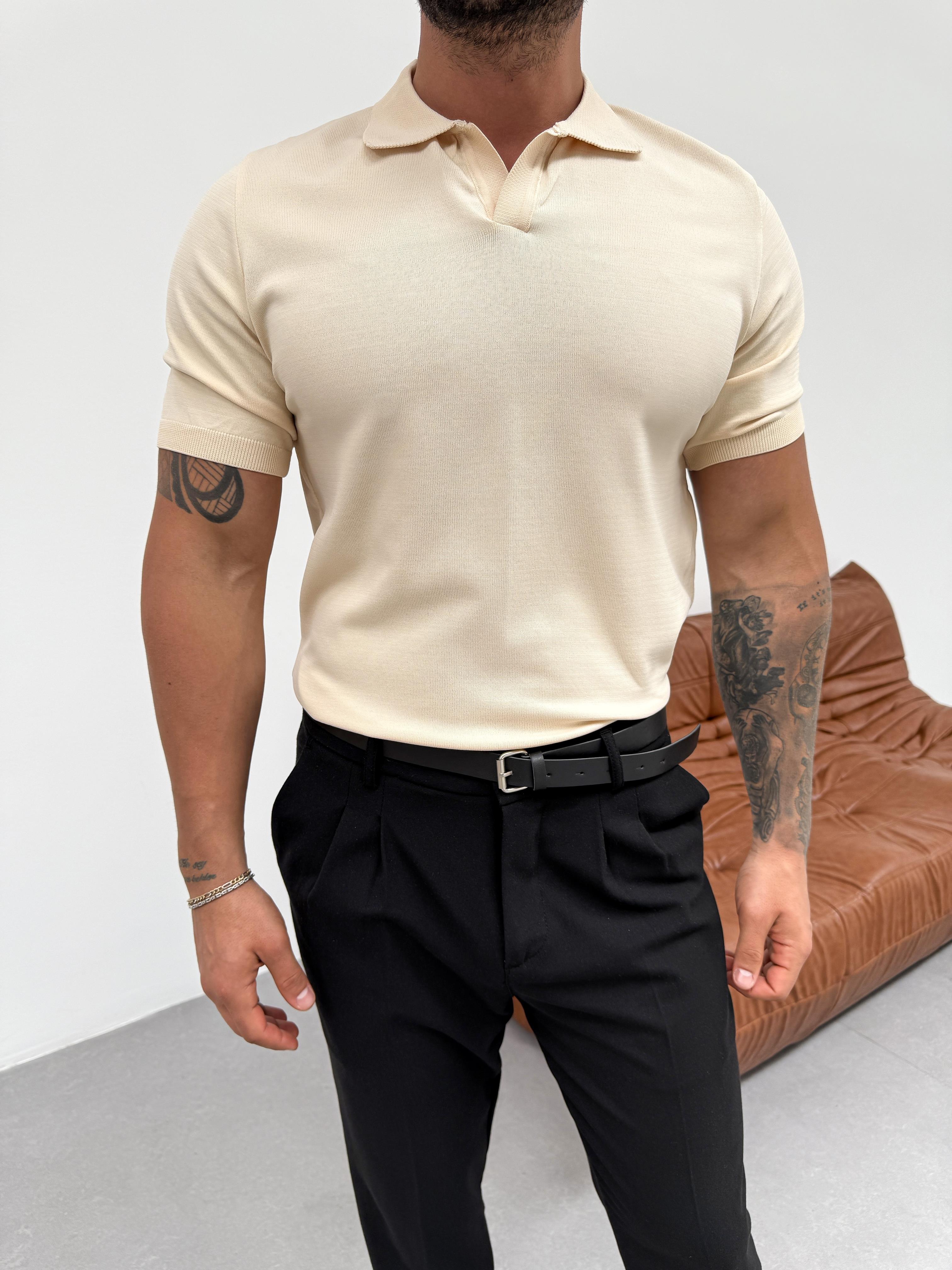 T-SHİRTKrem Düz Polo Yaka Triko Pamuk T-shirt TK