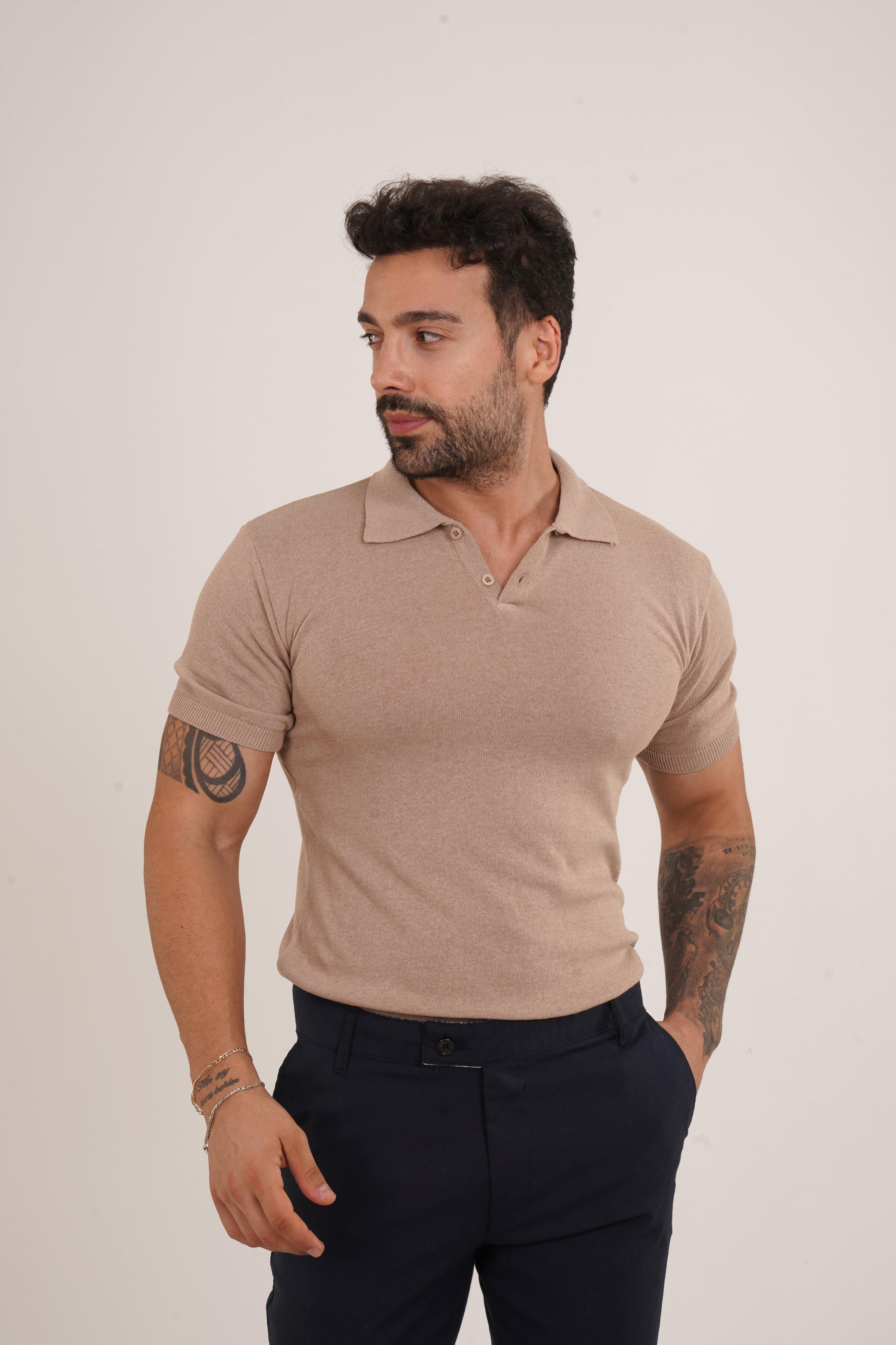 T-SHİRTKrem Düz Polo Yaka Triko SC