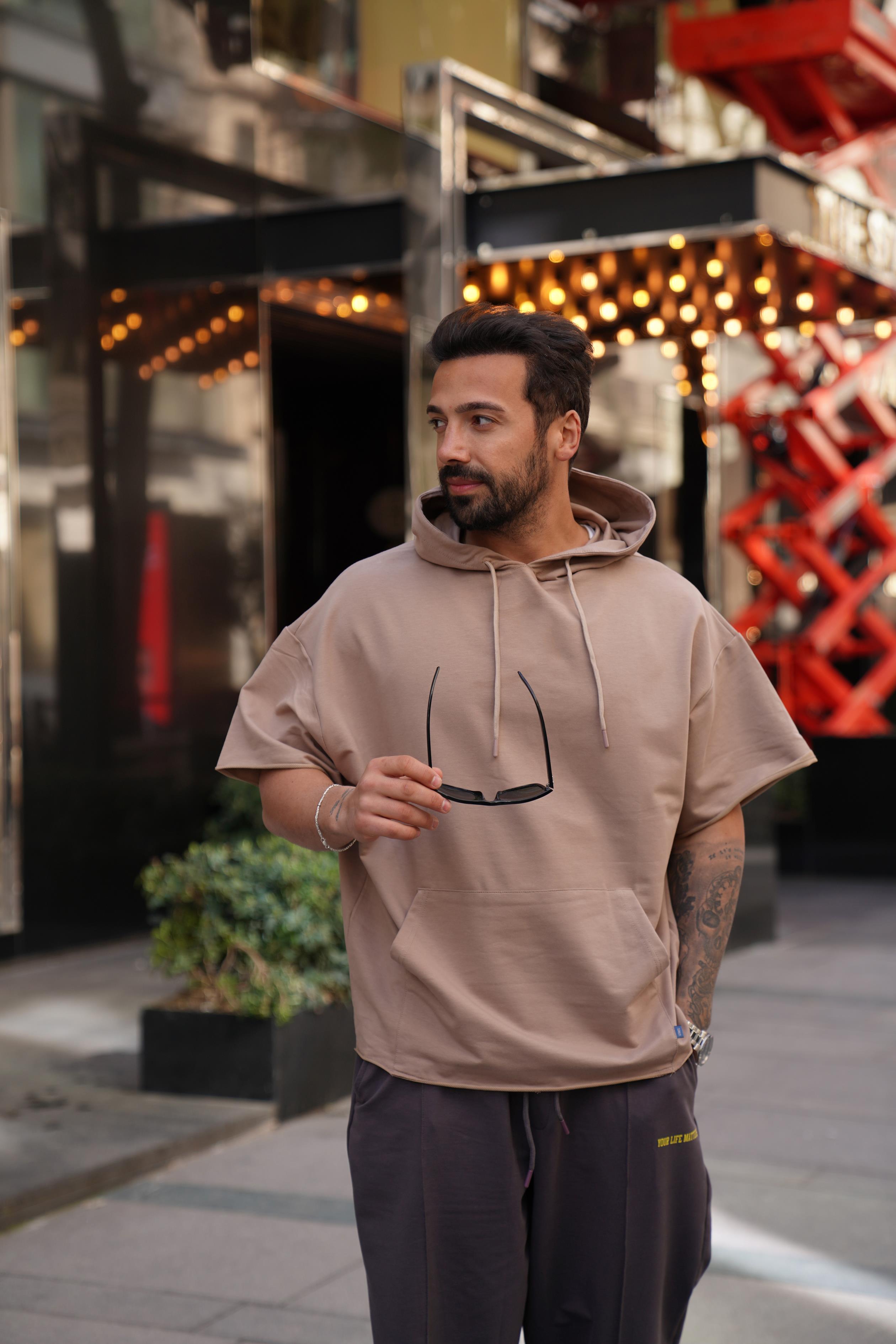 Krem Kapşonlu Kanguru Cep Oversize T-Shirt VMS 30175