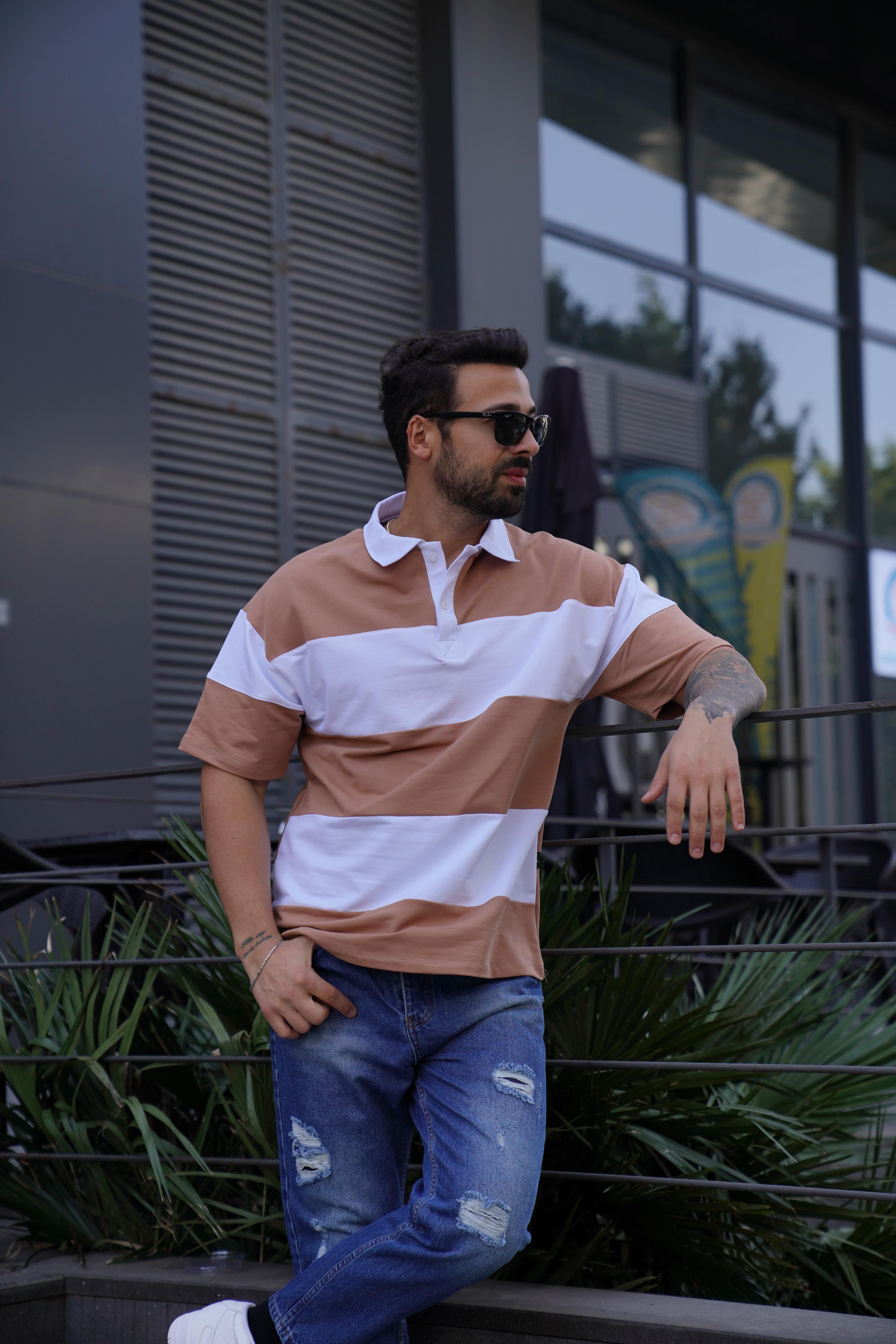 Krem Parçalı Oversize Polo Yaka TK 1003