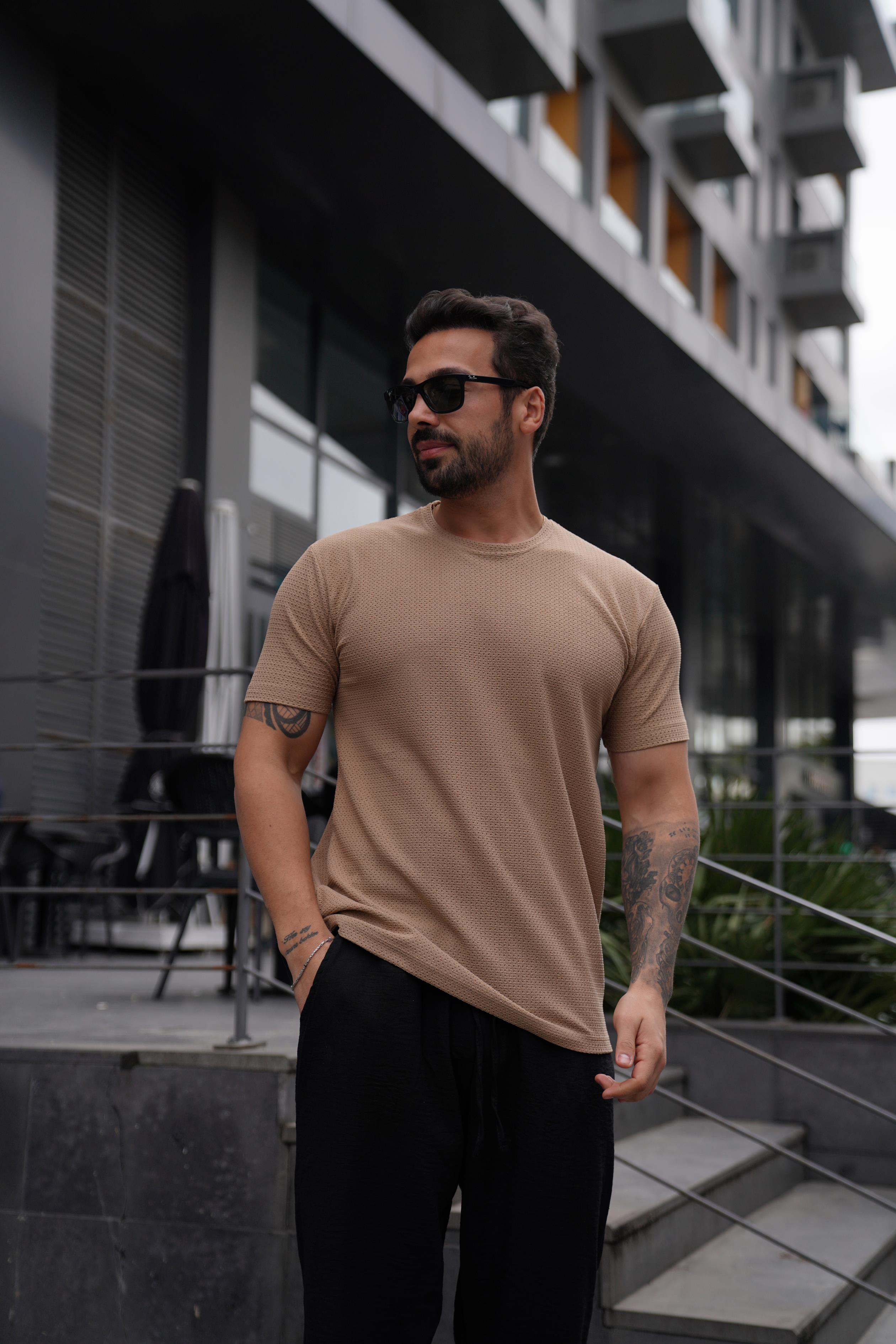 Krem Rapido Delikli Bisiklet Yaka T-Shirt TK 1005