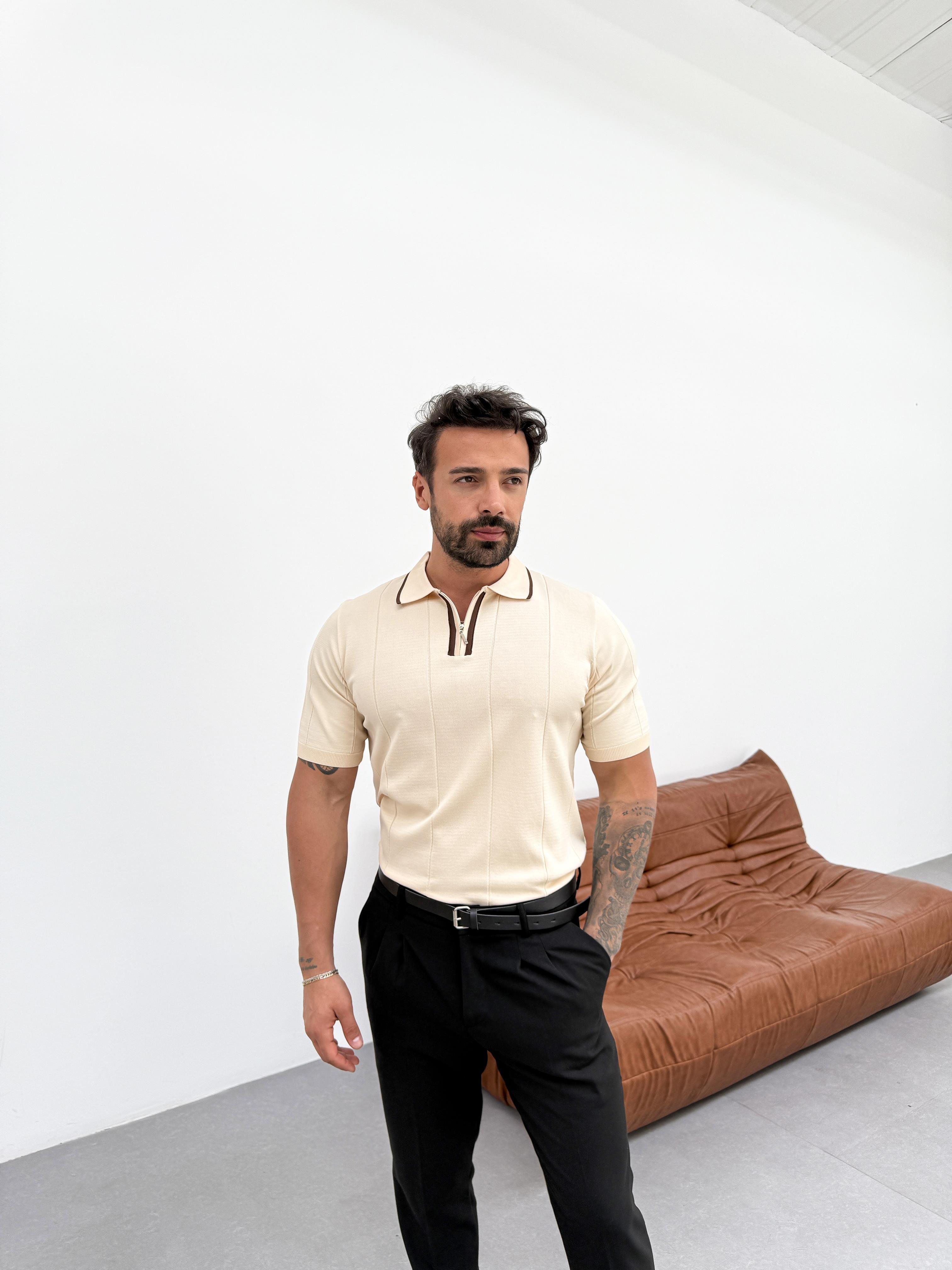 T-SHİRTKrem Yarım Fermuarlı Triko Pamuk T-shirt TK