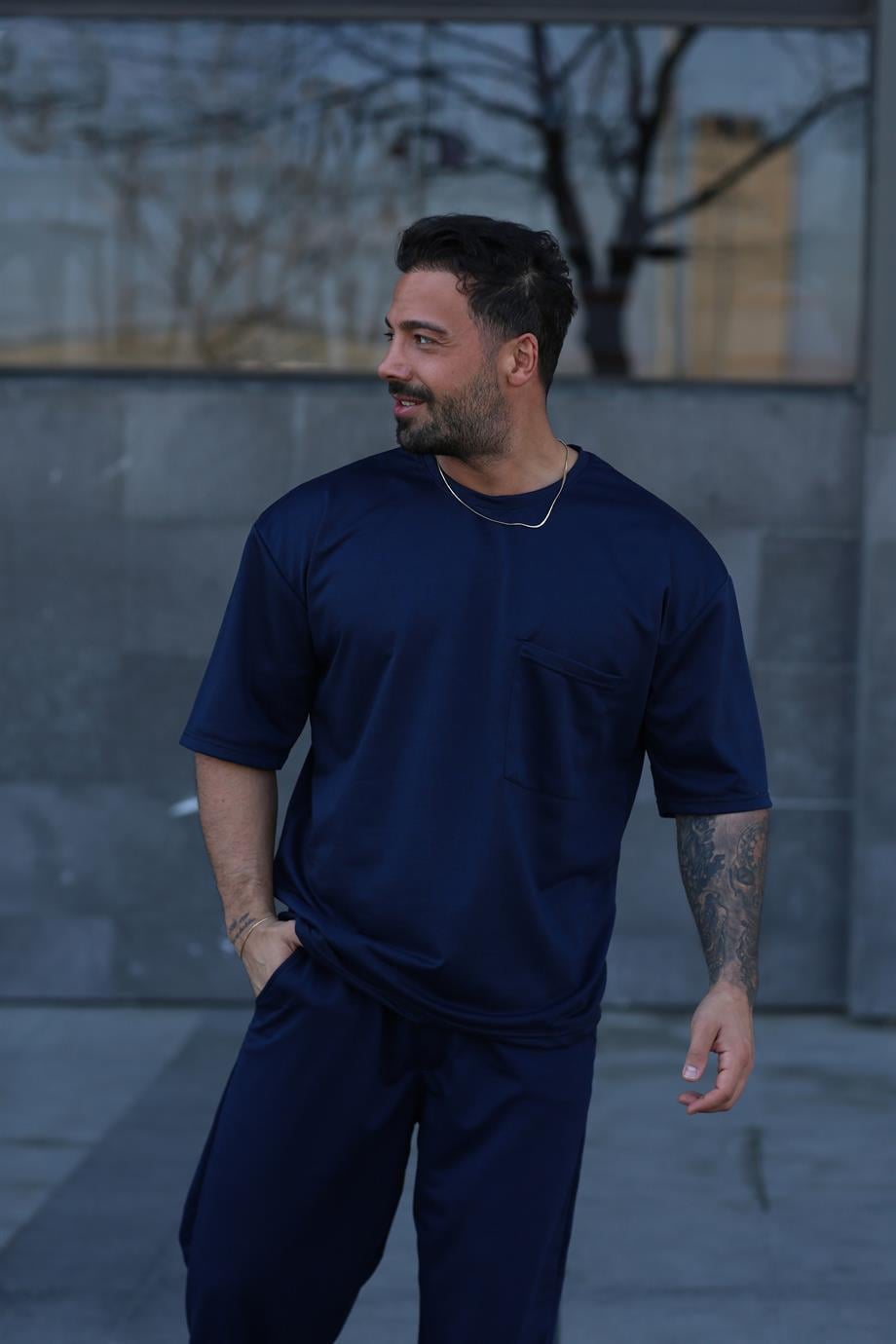 T-SHİRTLacivert 2 İplik Double Kalıp CEPLİ Oversize T-SHIRT