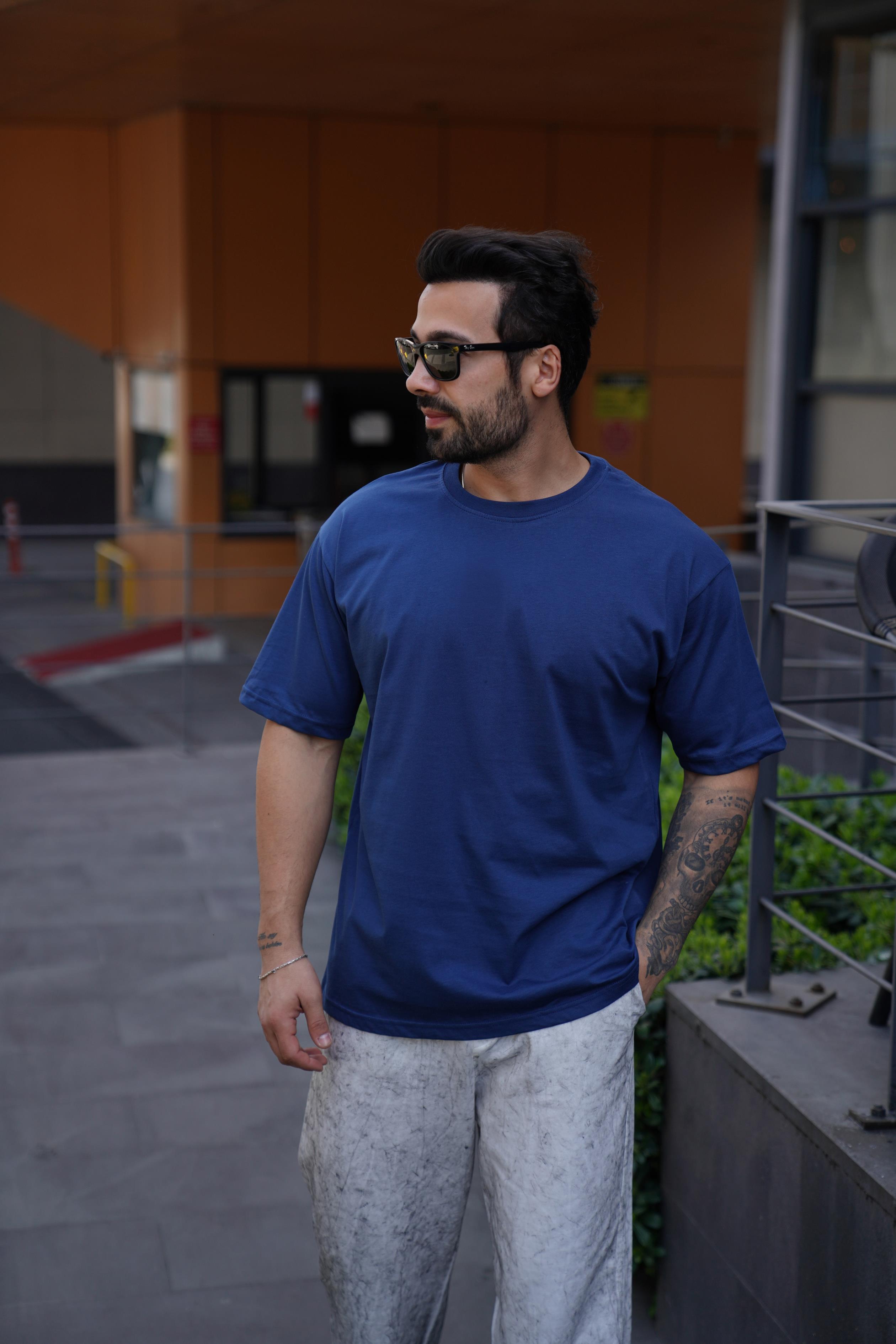 T-SHİRTLacivert Compak Düz Oversize T-Shirt SNZ