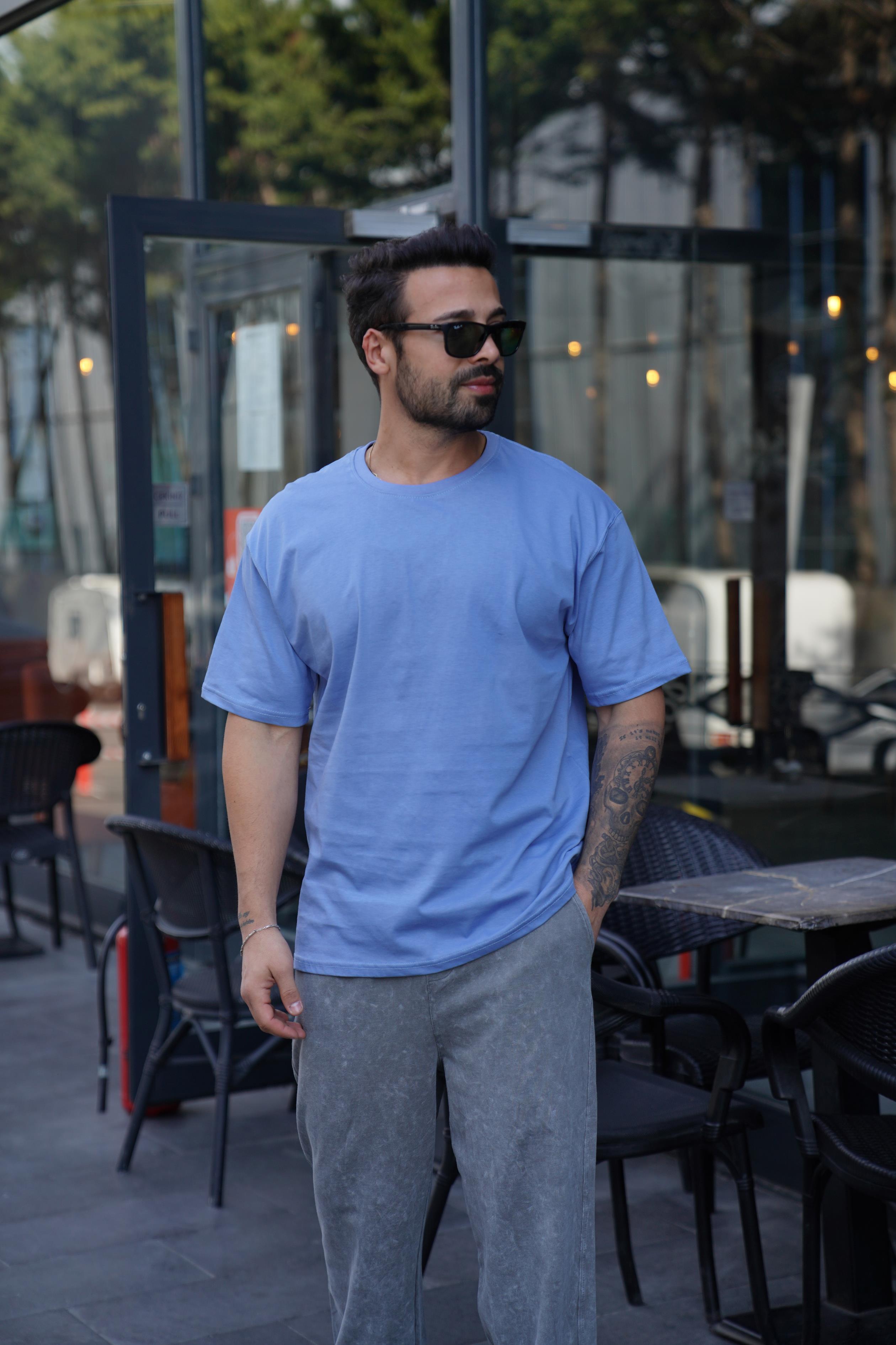 Mavi Düz Oversize T-Shirt TK 1013
