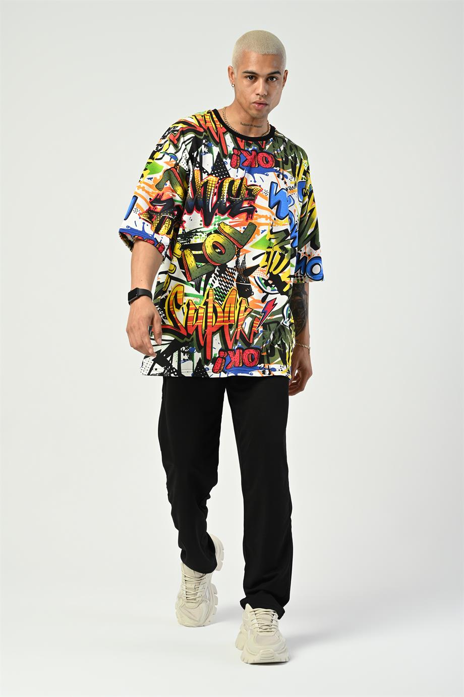 T-SHİRTRenkli Wow Ok Dijital Baskı Oversize T-SHIRT GRK