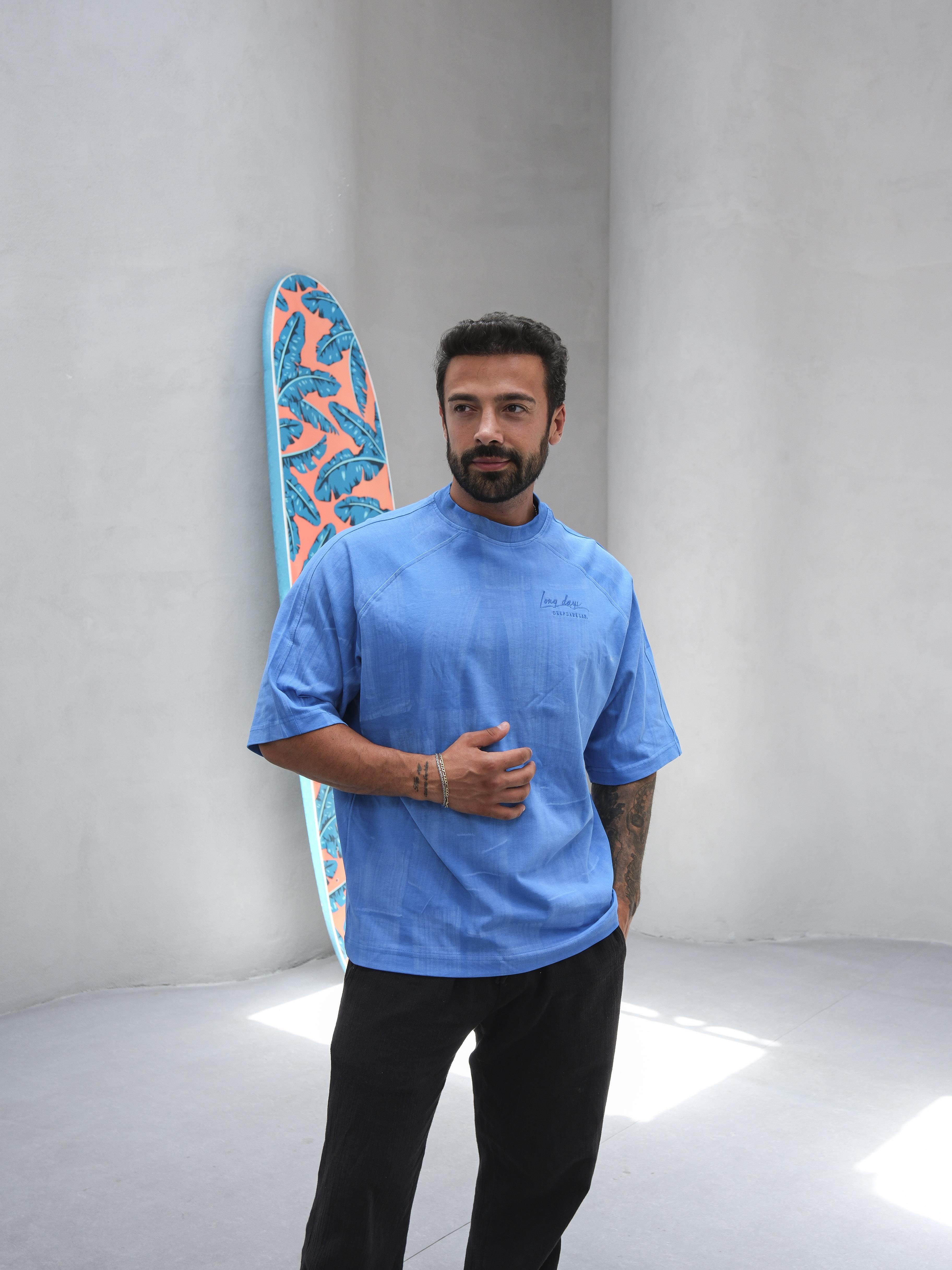 T-SHİRTSaks Düz Fırça Darbeli Oversize T-SHIRT PNC8127