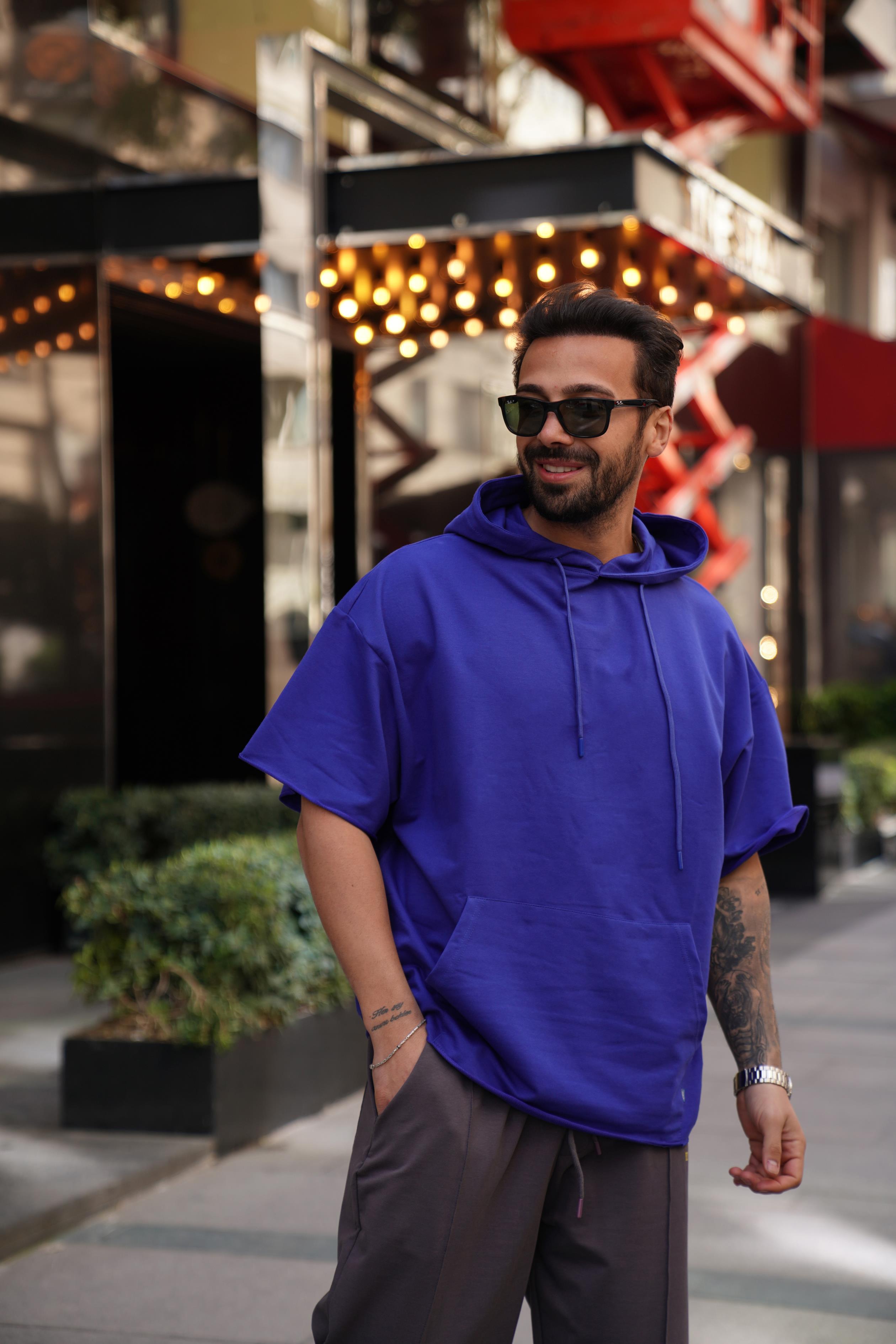 T-SHİRTSaksmavi Kapşonlu Kanguru Cep Oversize T-Shirt VMS 30175