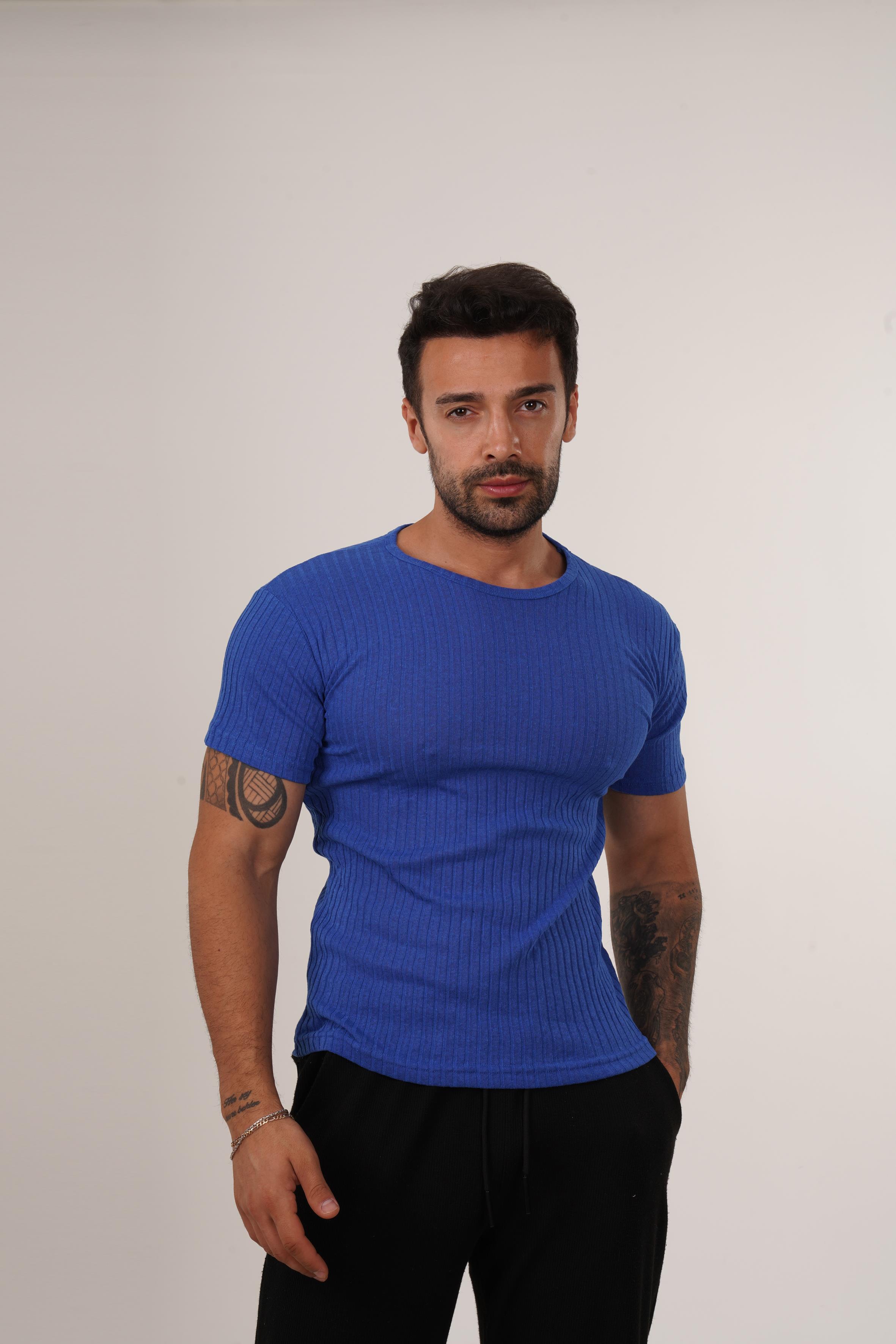 T-SHİRTSaksmavi Slim Fit Fitilli T-SHIRT SC
