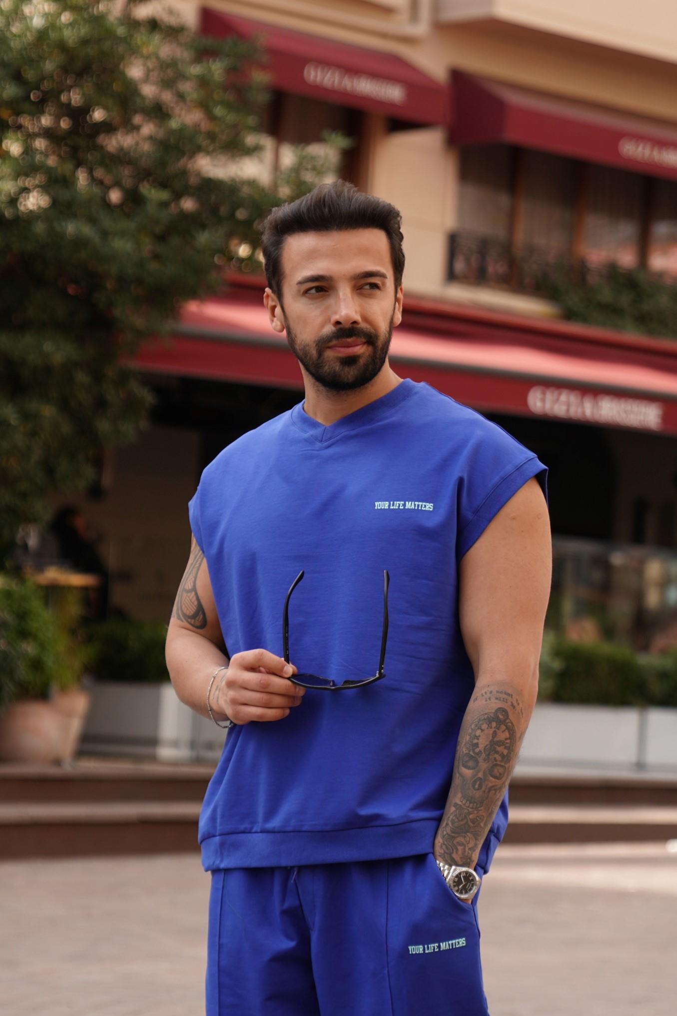 T-SHİRTSaksmavi Your Life Matters 2 iplik Sıfır Kol Oversize VMS 30307