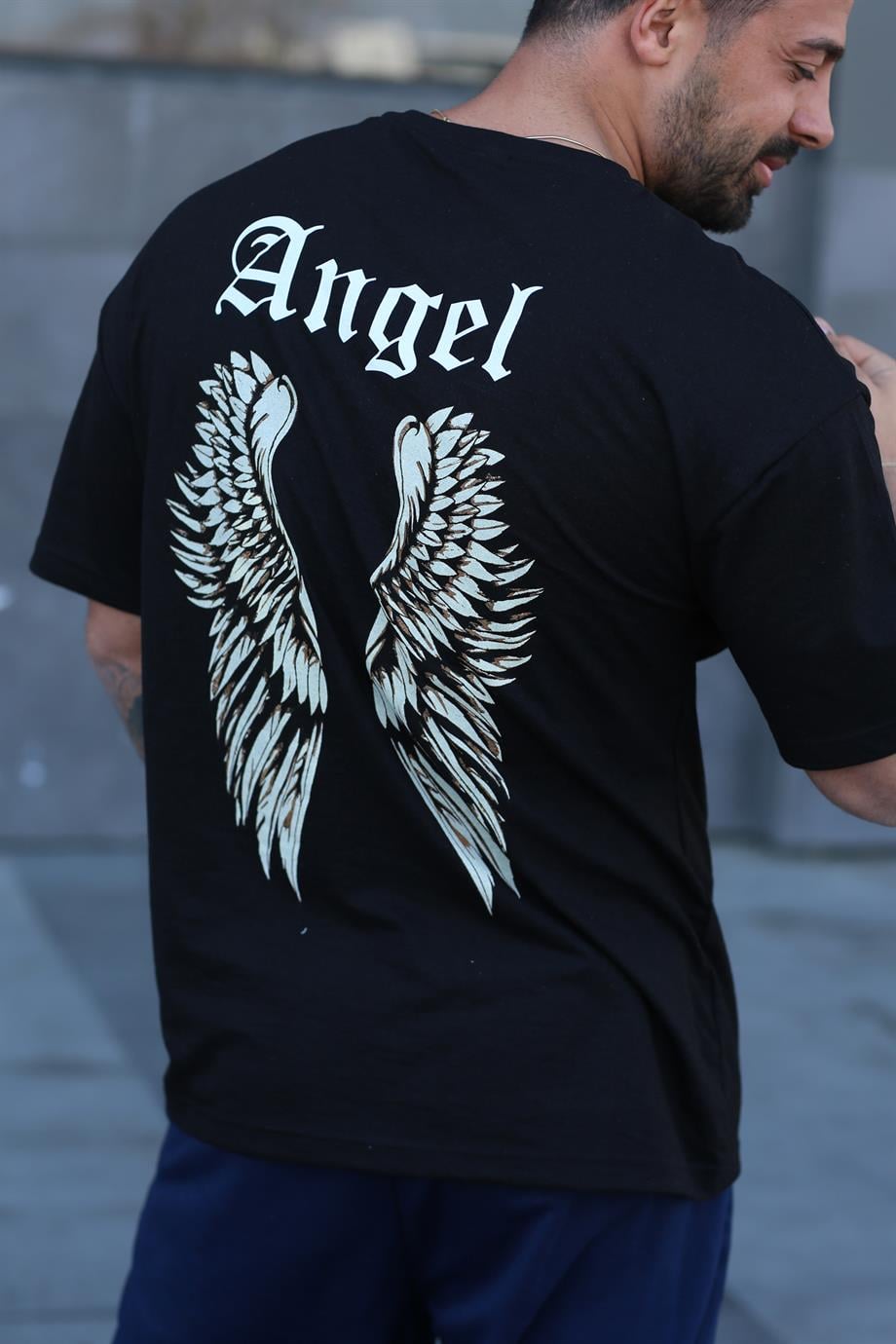 angel様 Siyah ANGEL Sırt KANAT Baskılı Oversize T-SHIRT MHL - SC Sarvin