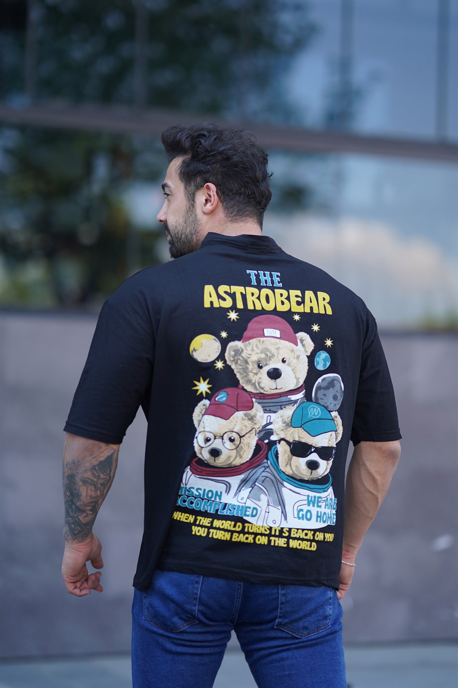 T-SHİRTSiyah ASTROBEAR AYILAR Baskılı Oversize T-SHİRT