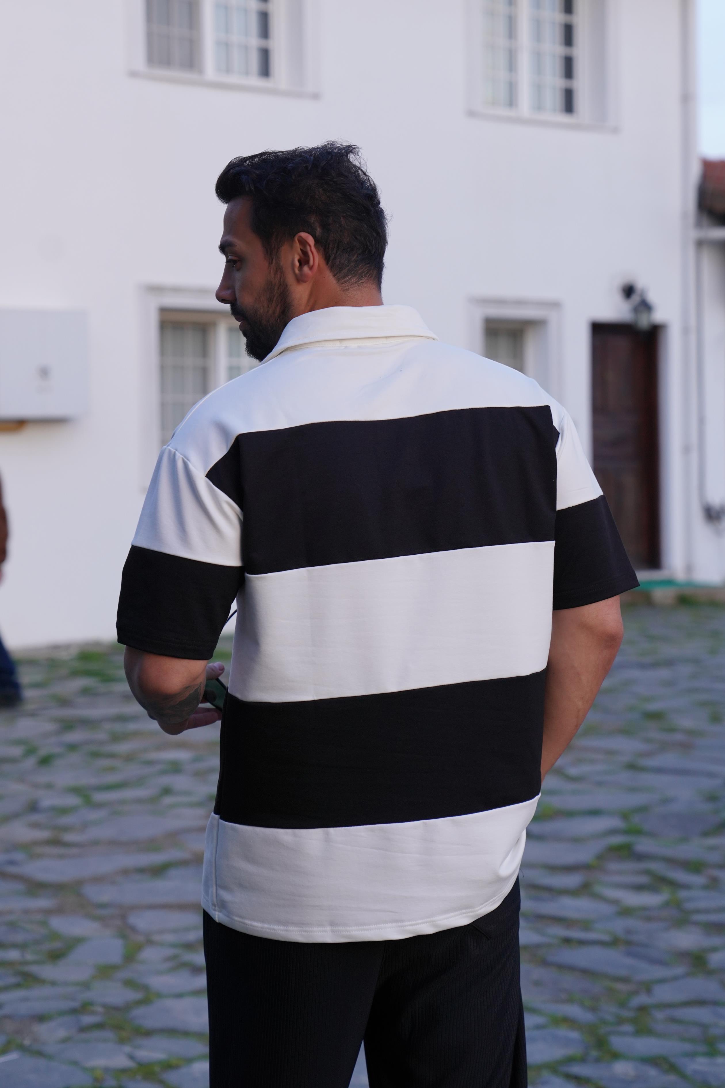 Siyah Beyaz Parçalı Gizli Patlı Polo Yaka T-Shirt SNZ 3897-1 · 2