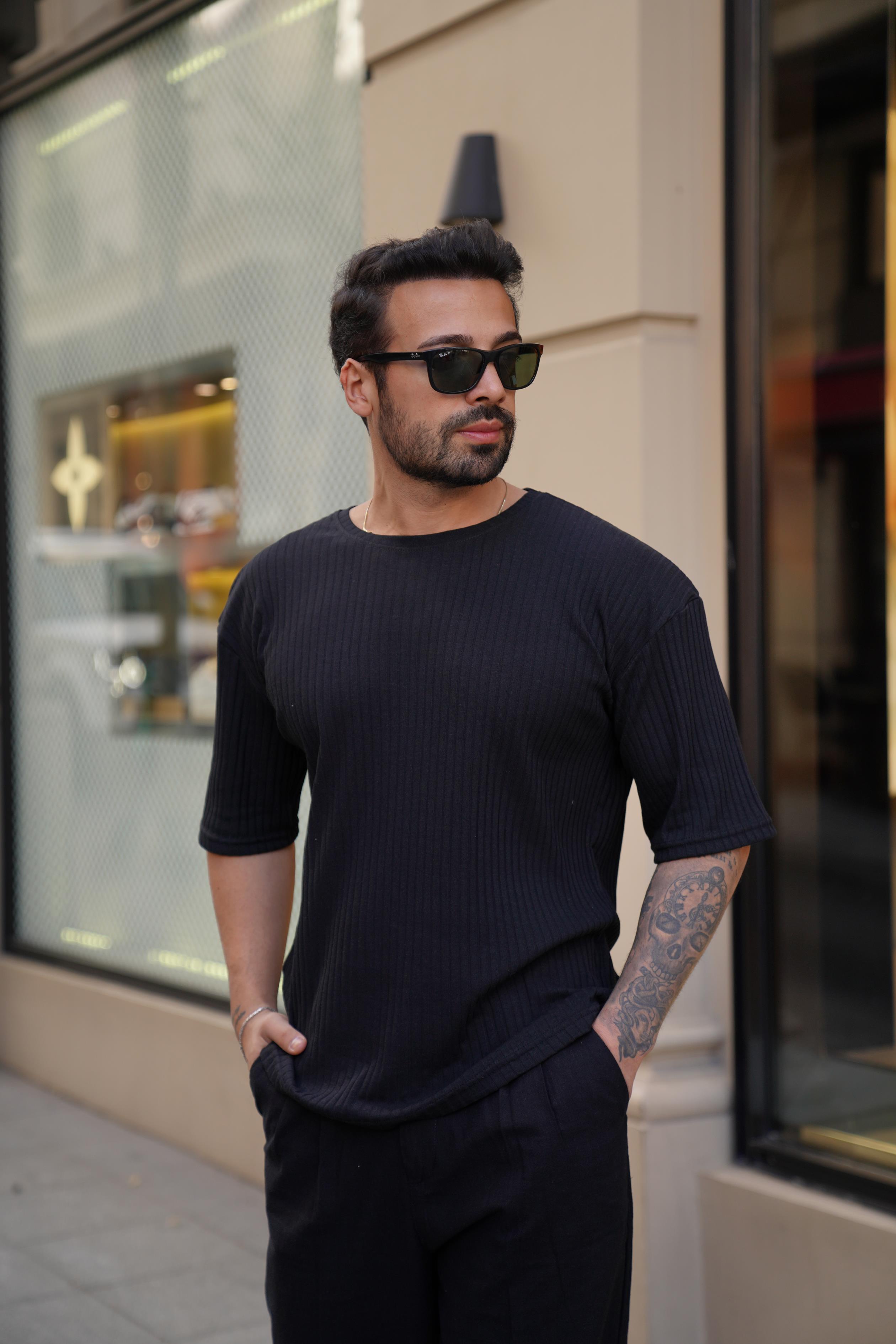 T-SHİRTSiyah Fitilli Oversize T-Shirt SC