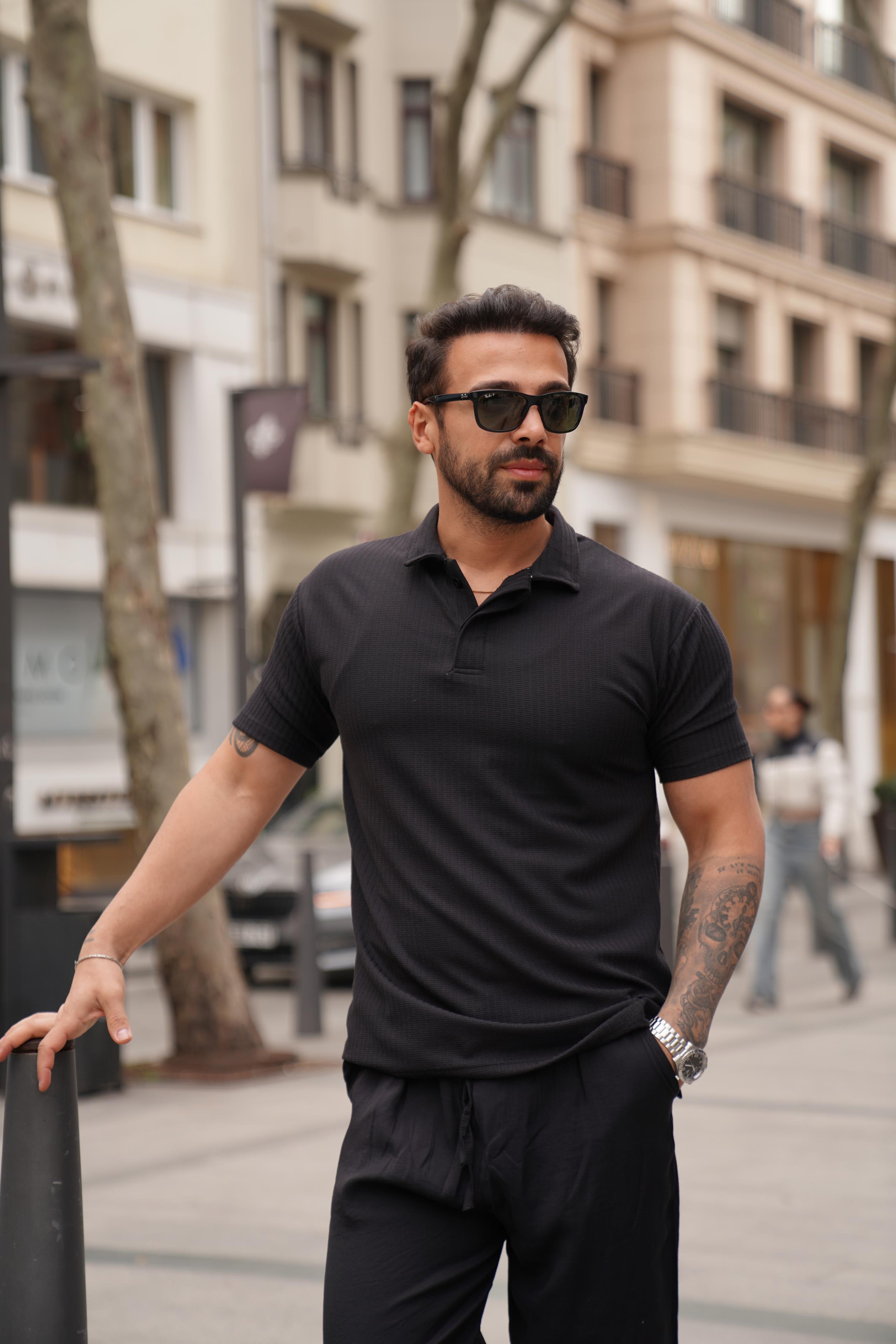 T-SHİRTSiyah Fitilli Polo Yaka SNZ 3959