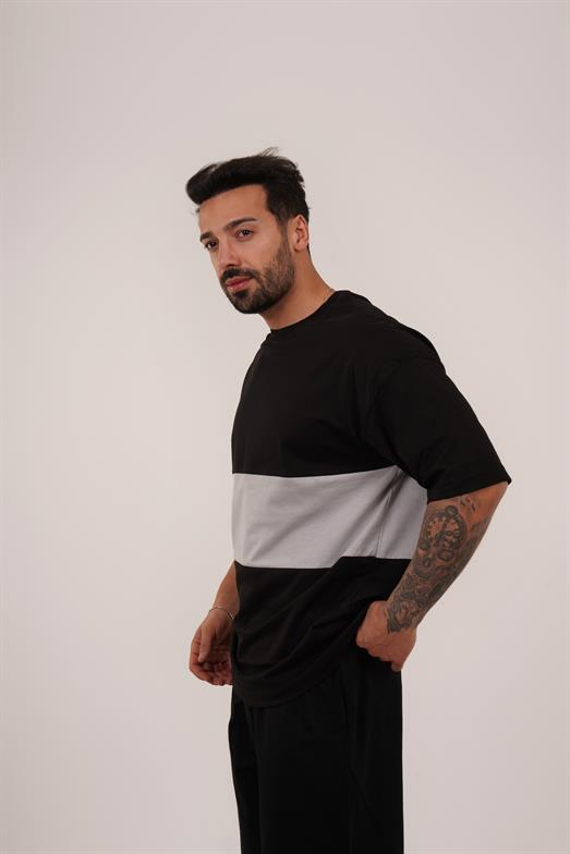 T-SHİRTSiyah Gri Parçalı Bisiklet Yaka Oversize TK 1000