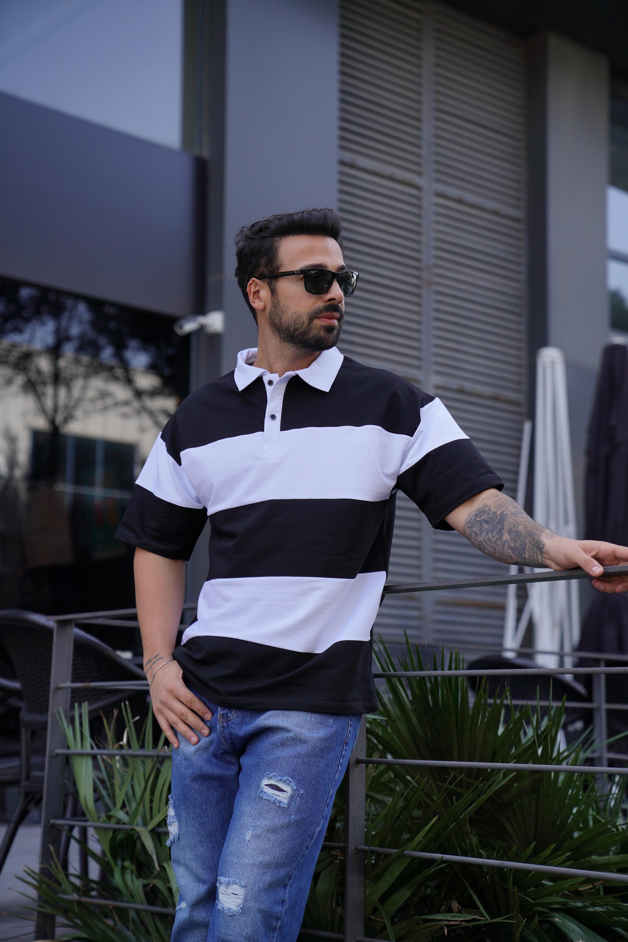 T-SHİRTSiyah Parçalı Oversize Polo Yaka TK 1003