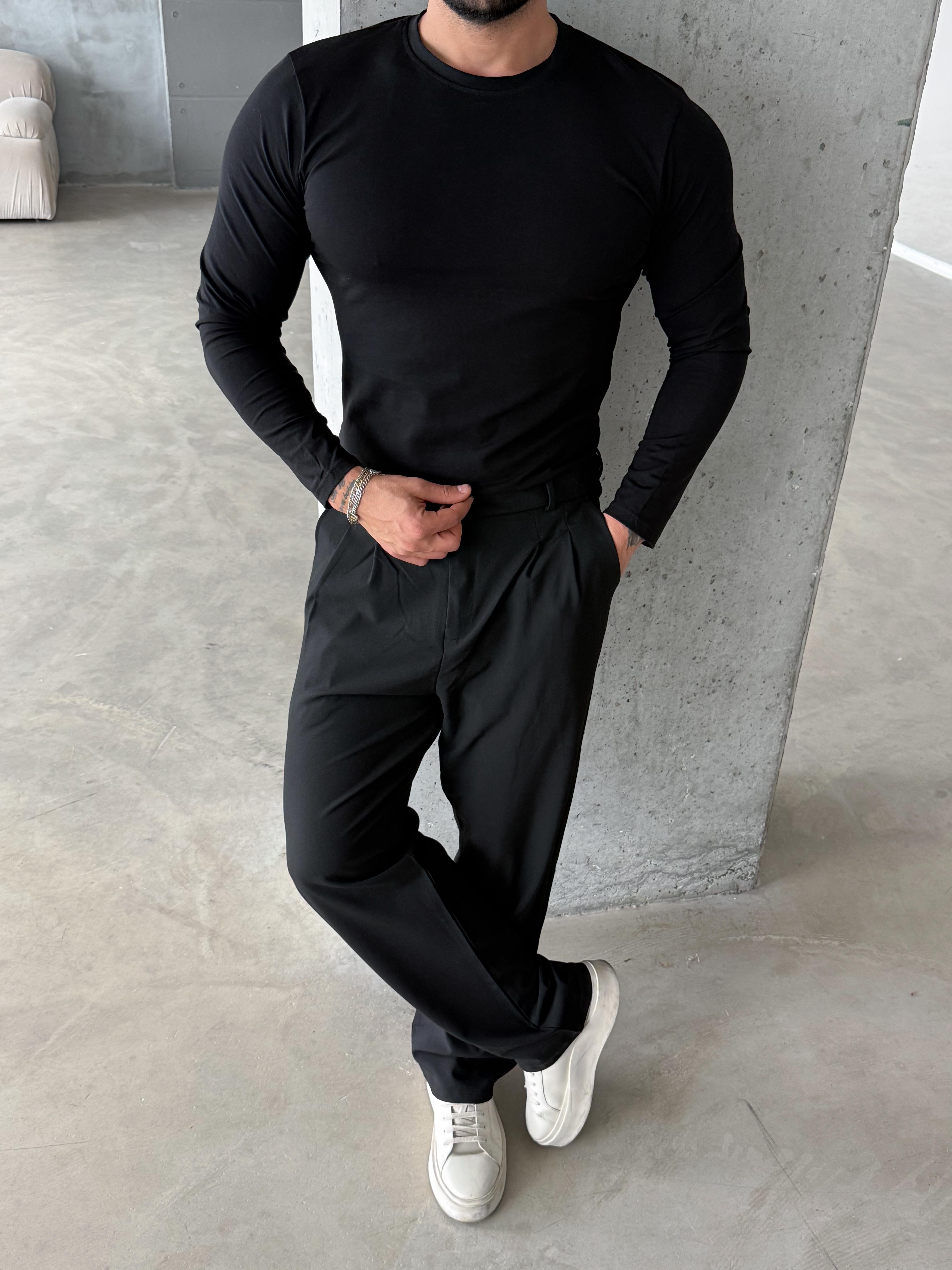 T-SHİRTSiyah Penye Pamuk Basic Uzun Kol T-shirt SC