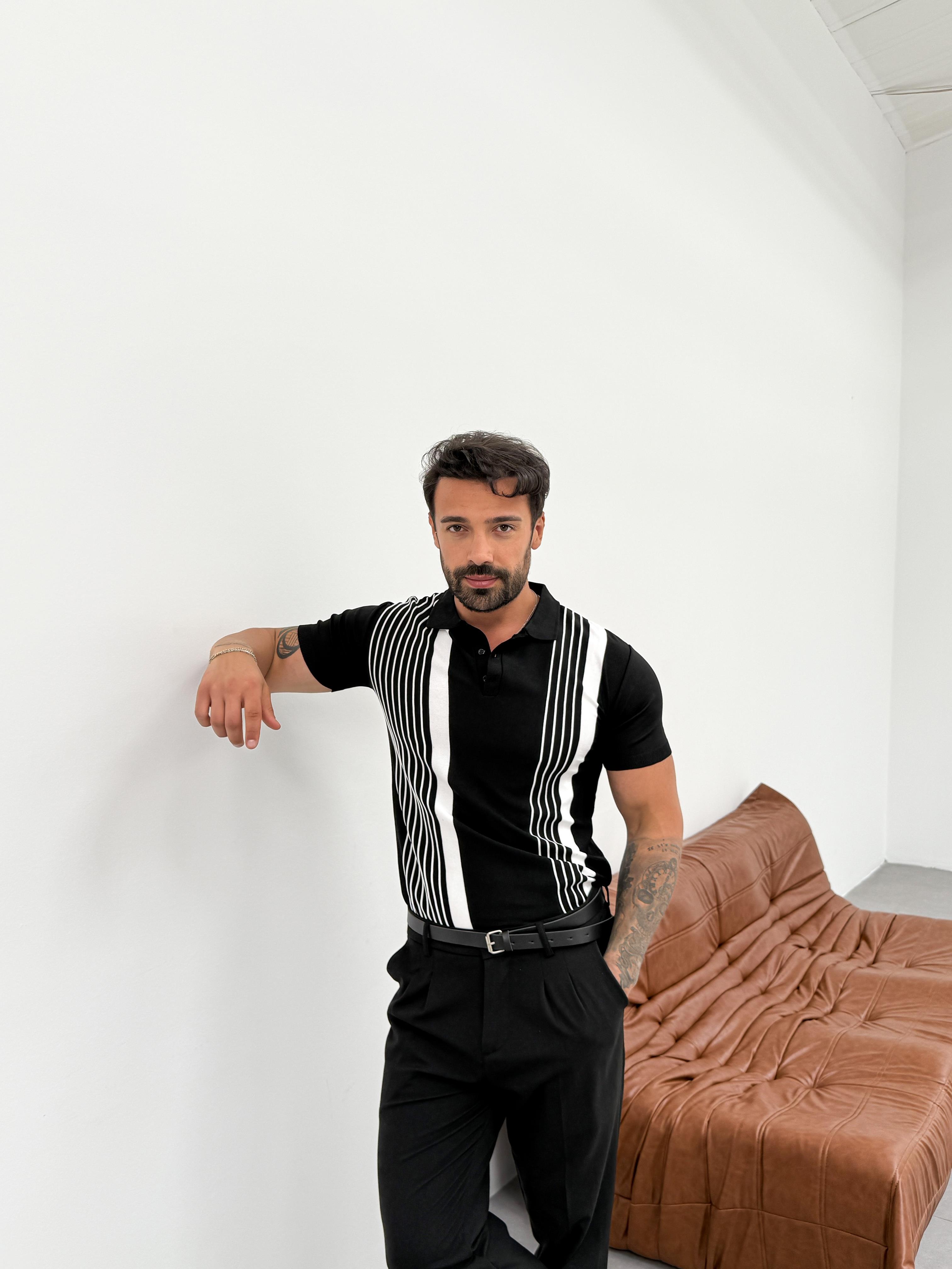 T-SHİRTSiyah Şeritli Triko Polo Yaka Pamuk T-shirt TK