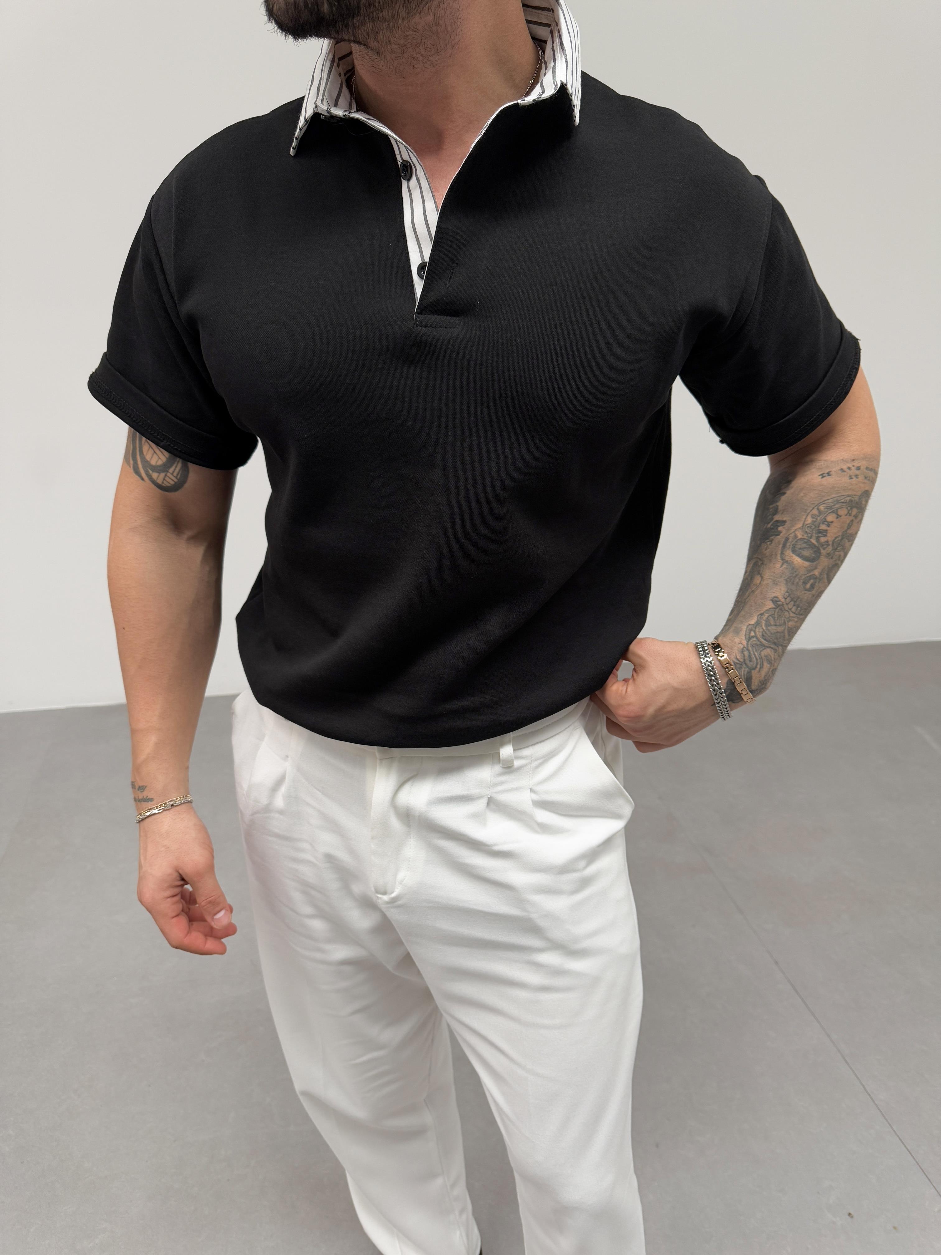 T-SHİRTSiyah Yakası Çizgili Polo Yaka T-shirt SNZ 1005