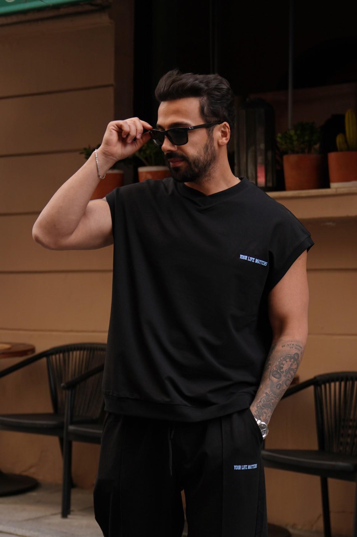 Siyah Your Life Matters 2 iplik Sıfır Kol Oversize VMS 30307