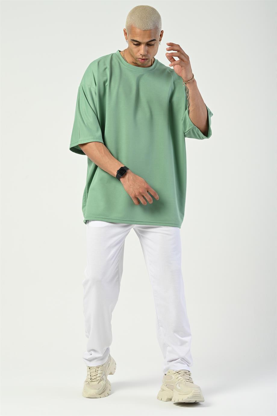 T-SHİRTSuyeşili 2 İplik Double Kalıp Oversize T-SHIRT GRK