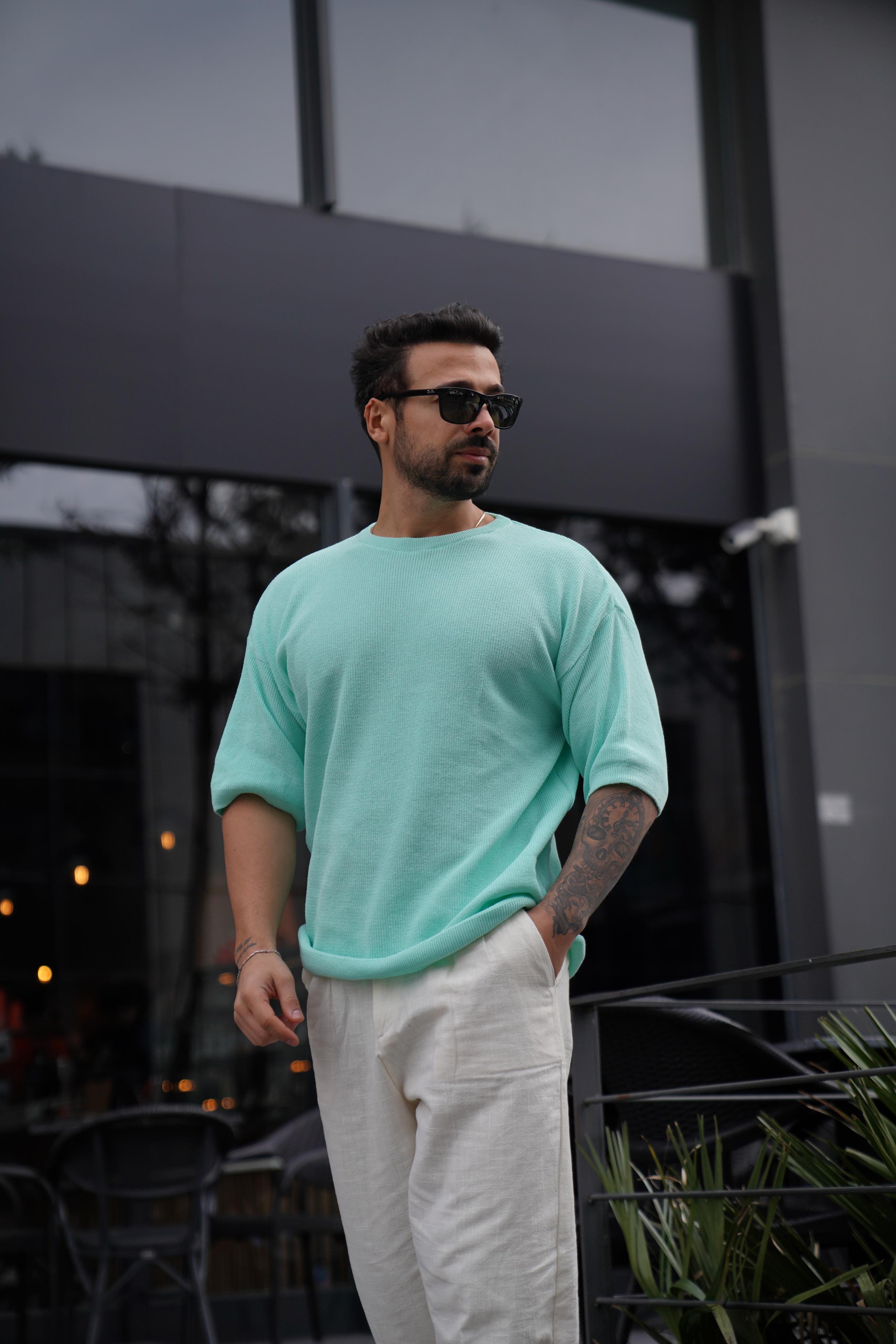 T-SHİRTSuyeşili Bisiklet Yaka Selanik Triko T-Shirt TK 1006