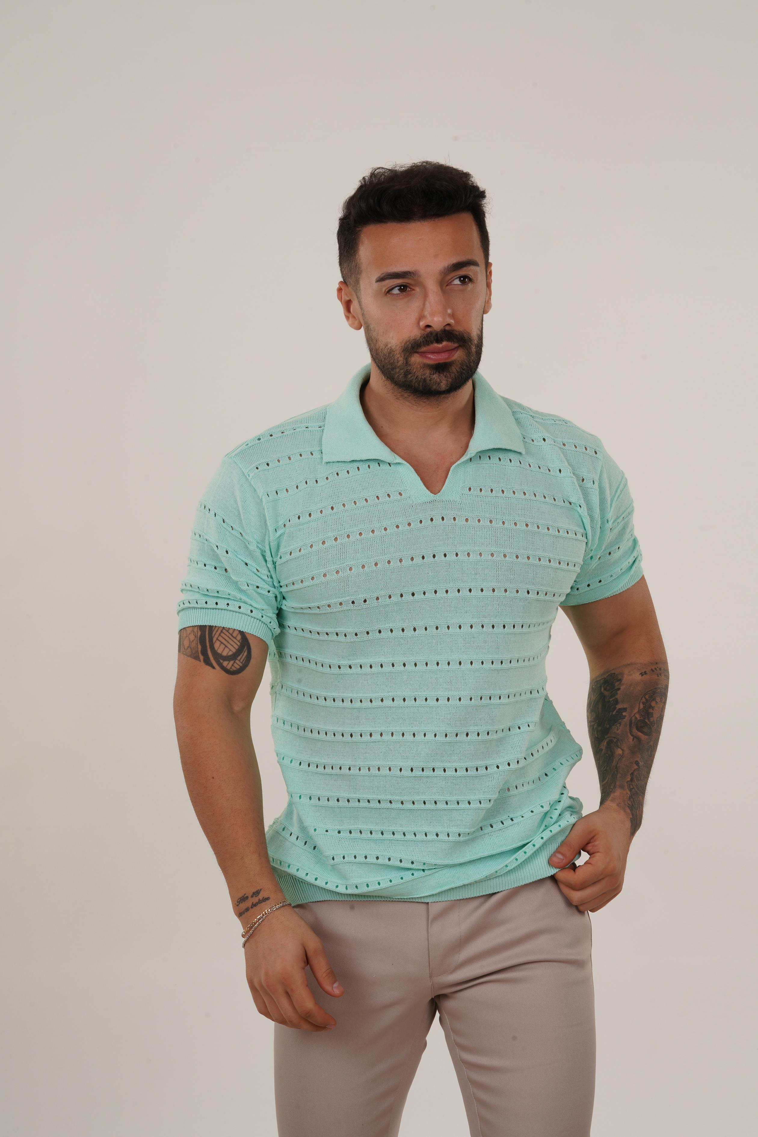 T-SHİRTSuyeşili delikli Polo Yaka Triko TK 1023