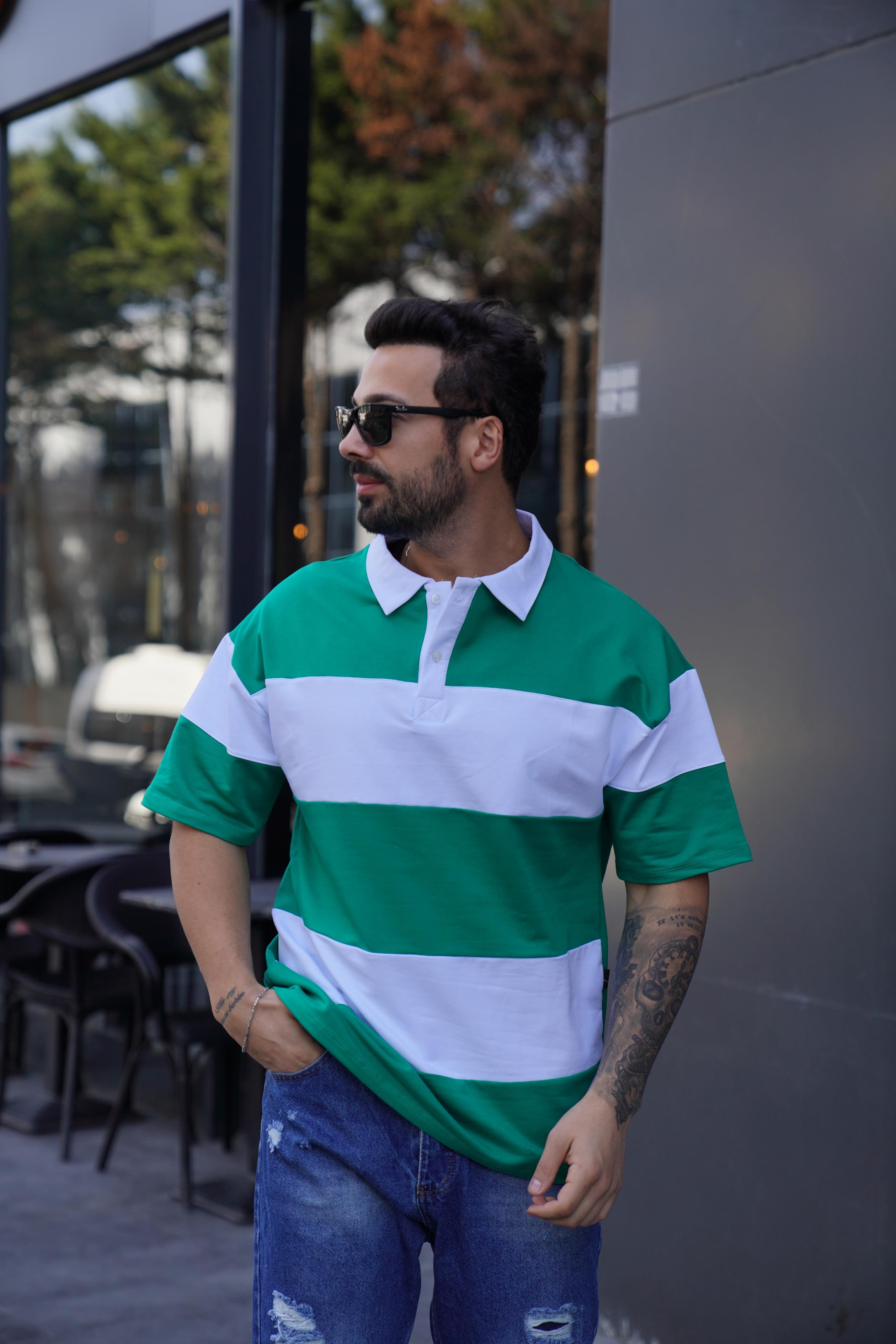 T-SHİRTYeşil Parçalı Oversize Polo Yaka TK 1003