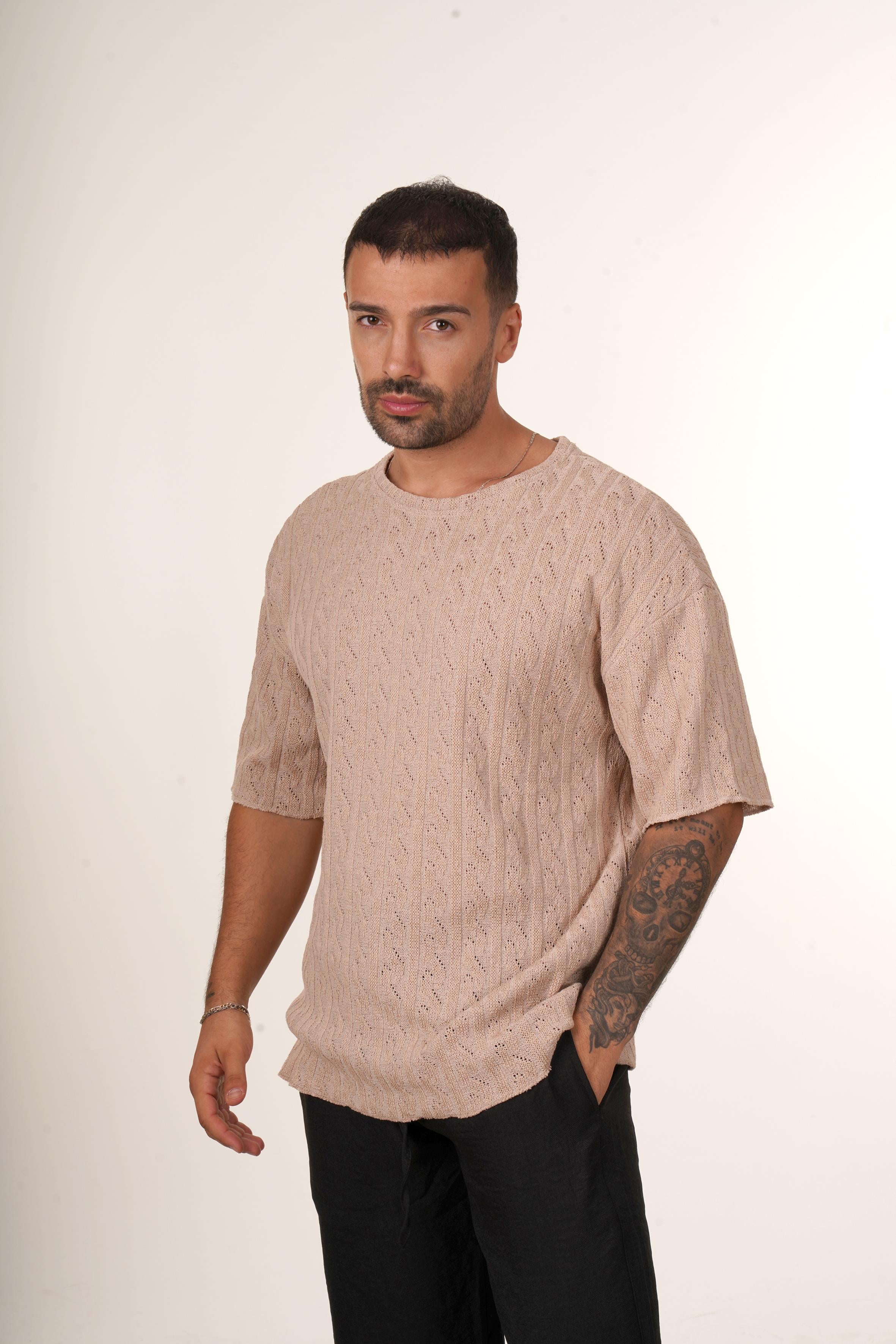 TRİKO & ÖRGÜ T-SHİRT Krem Motif Delikli Oversize Knitwear T-SHİRT VMS 30977