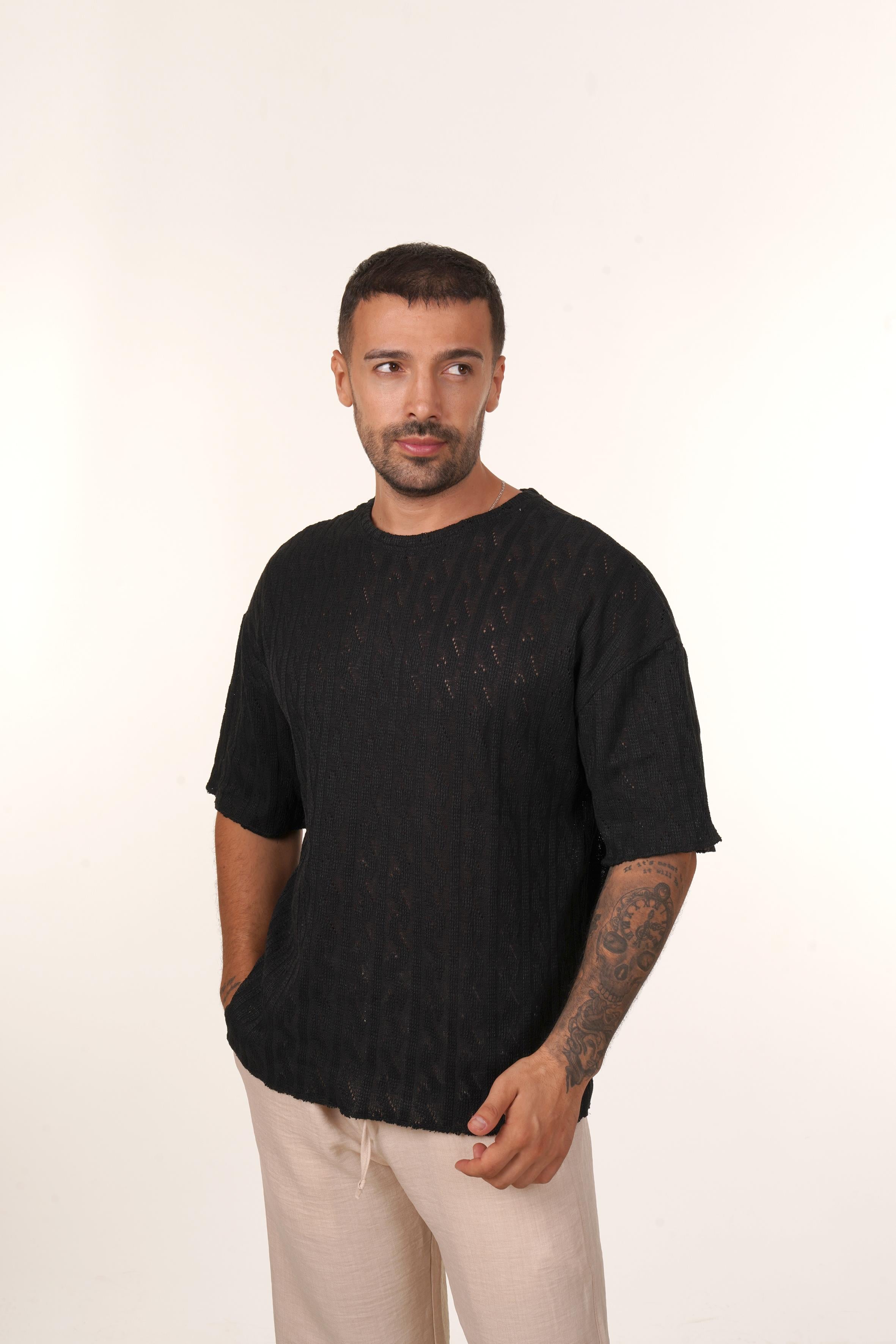 TRİKO & ÖRGÜ T-SHİRT Siyah Motif Delikli Oversize Knitwear T-SHİRT VMS 30977