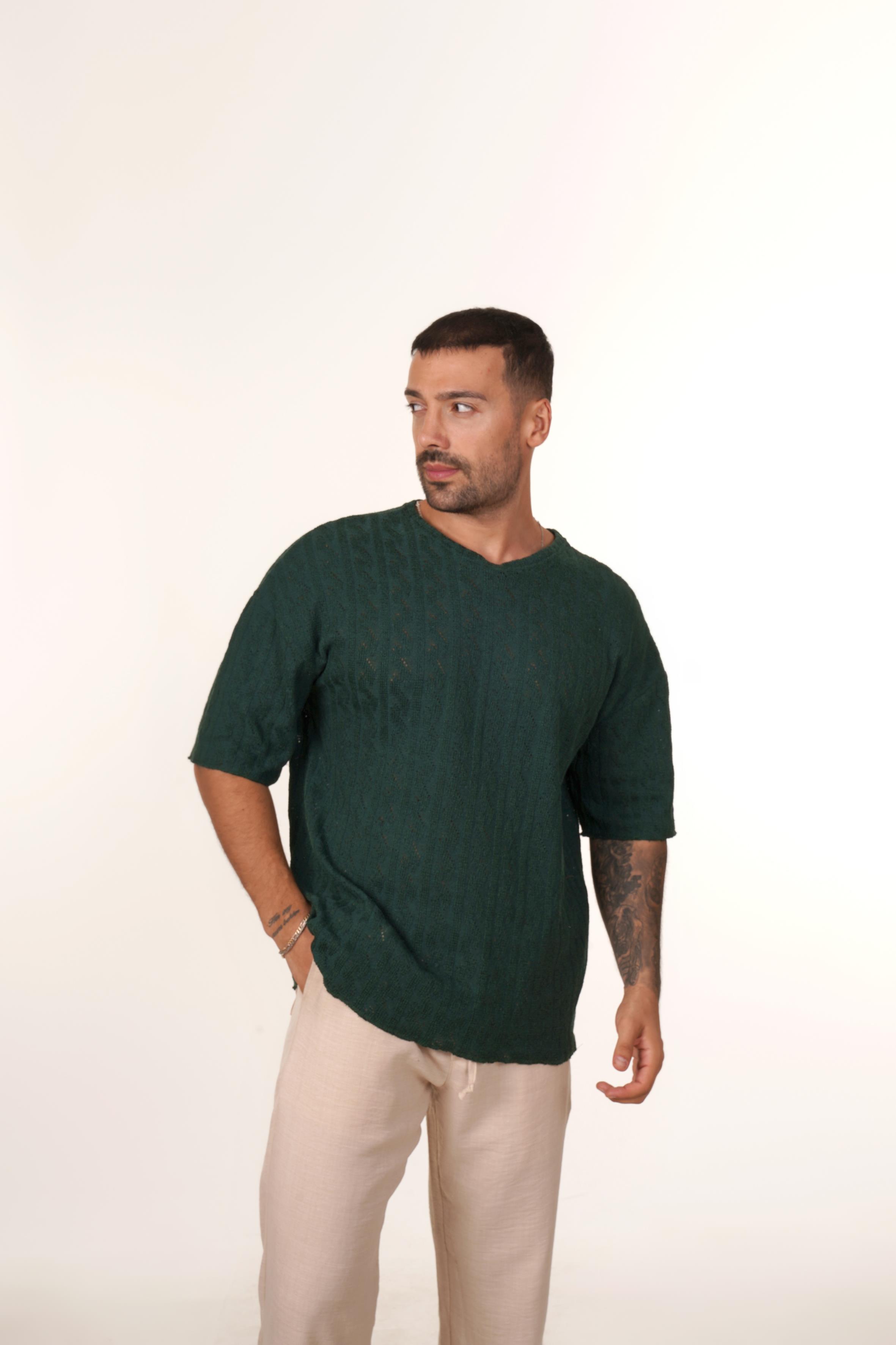 TRİKO & ÖRGÜ T-SHİRT Zümrüt Motif Delikli Oversize Knitwear T-SHİRT VMS 30977